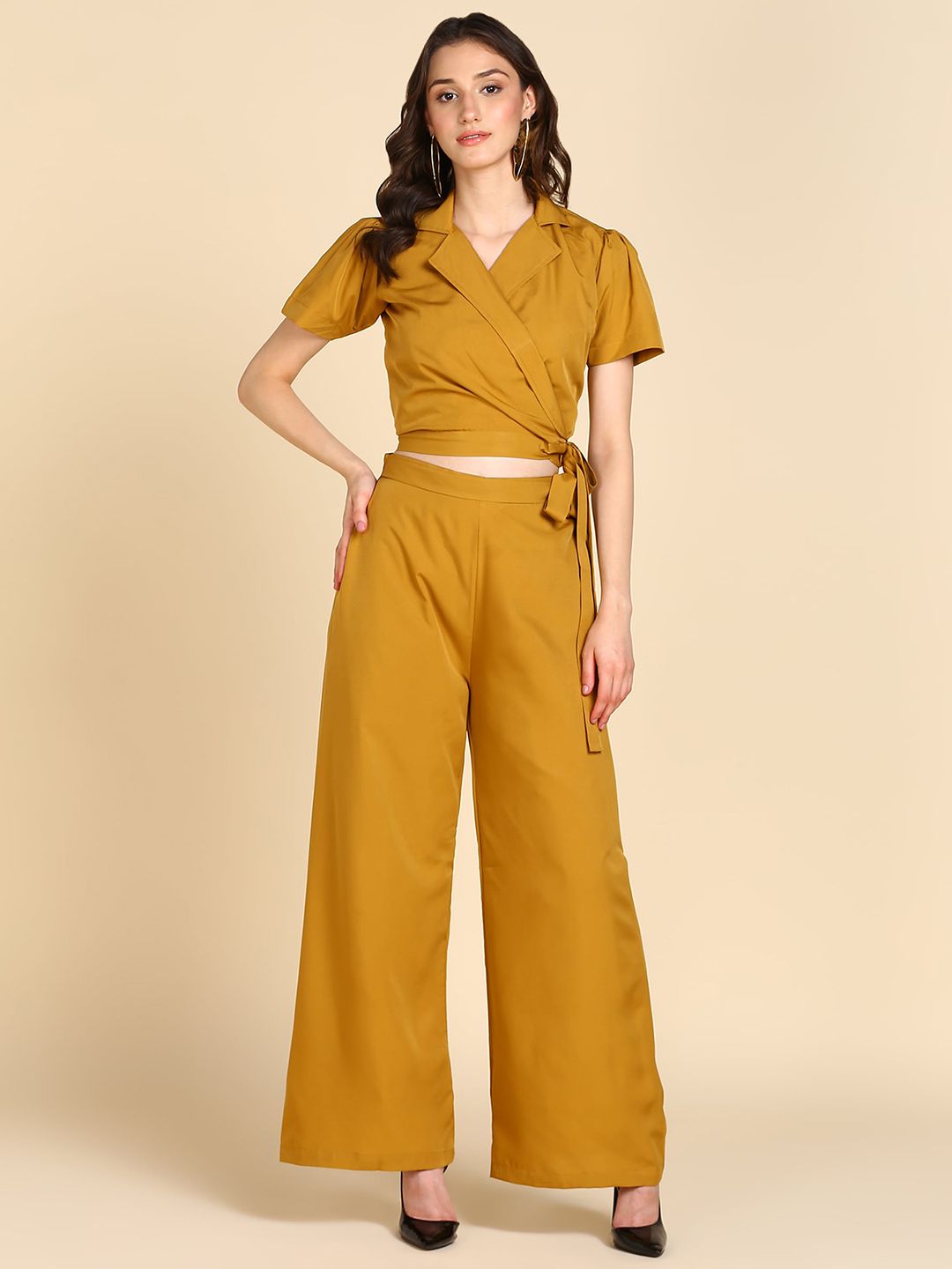 Rudraaksha Creations Shirt Collar Wrap Crop Top & Palazzos