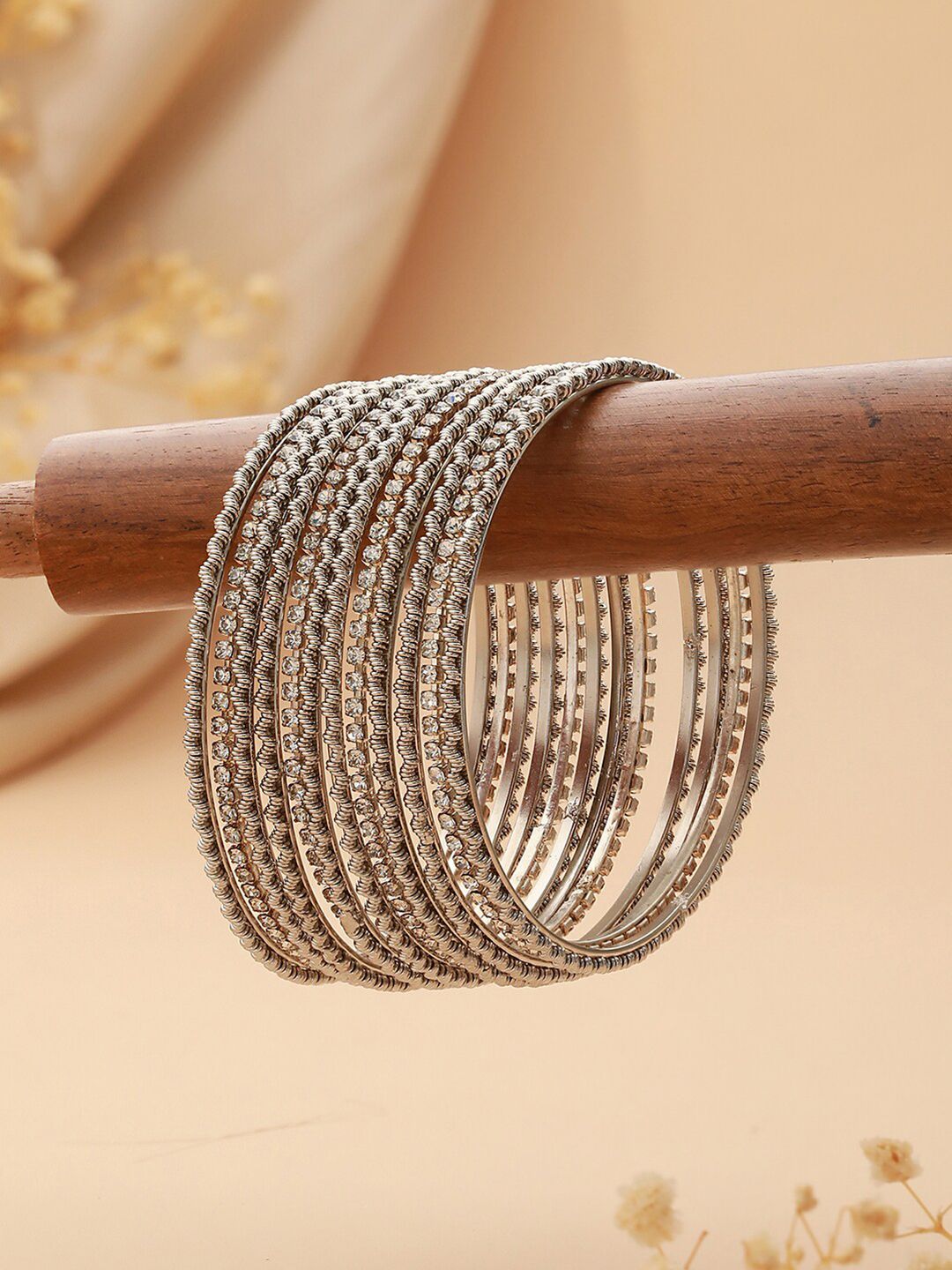 Jazz and Sizzle Set Of 12 Silver-Plated & CZ-Studded Oxidised Bangles