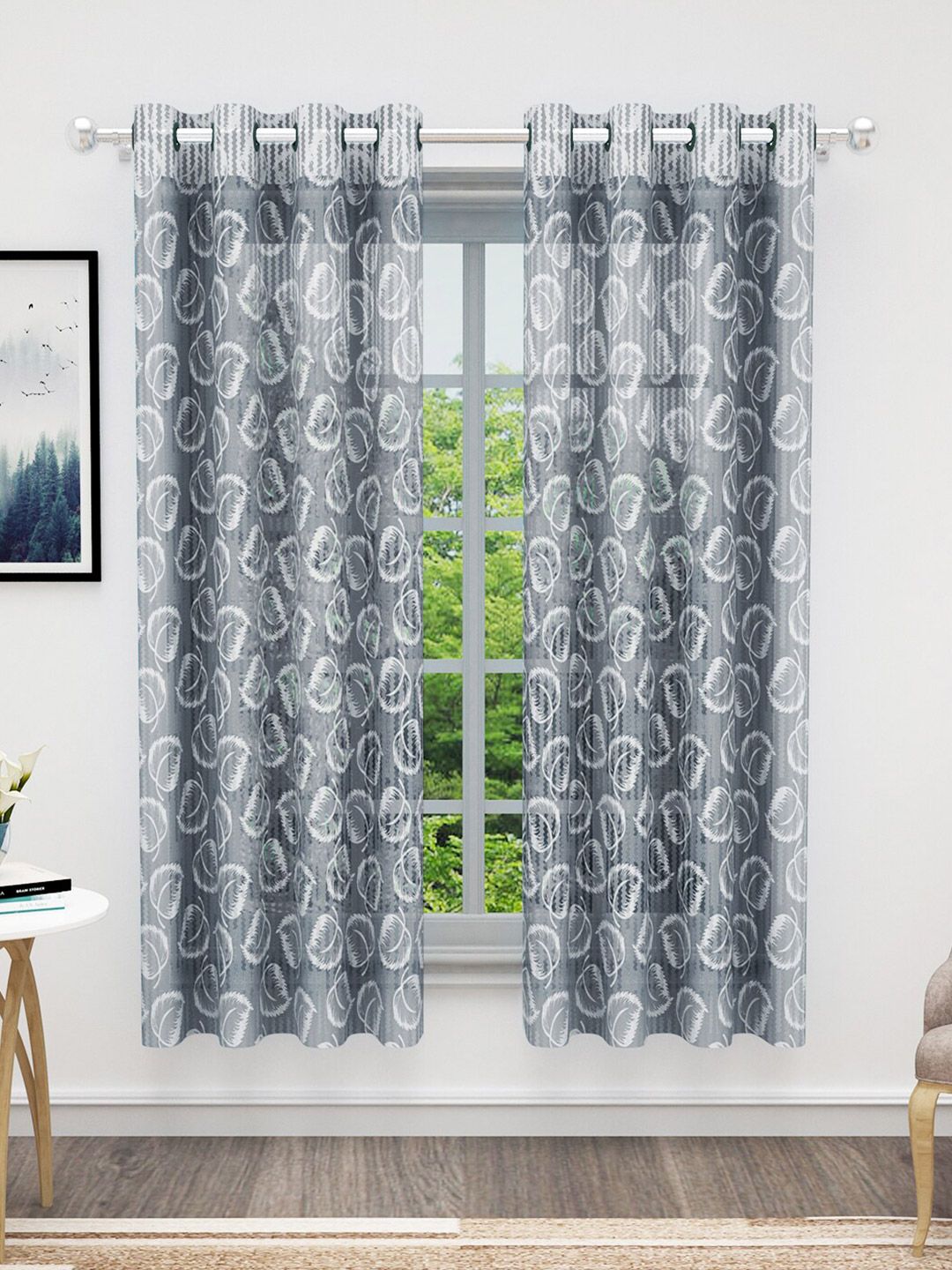 Bedspun Grey & White 2-Pieces Floral Sheer Window Curtains