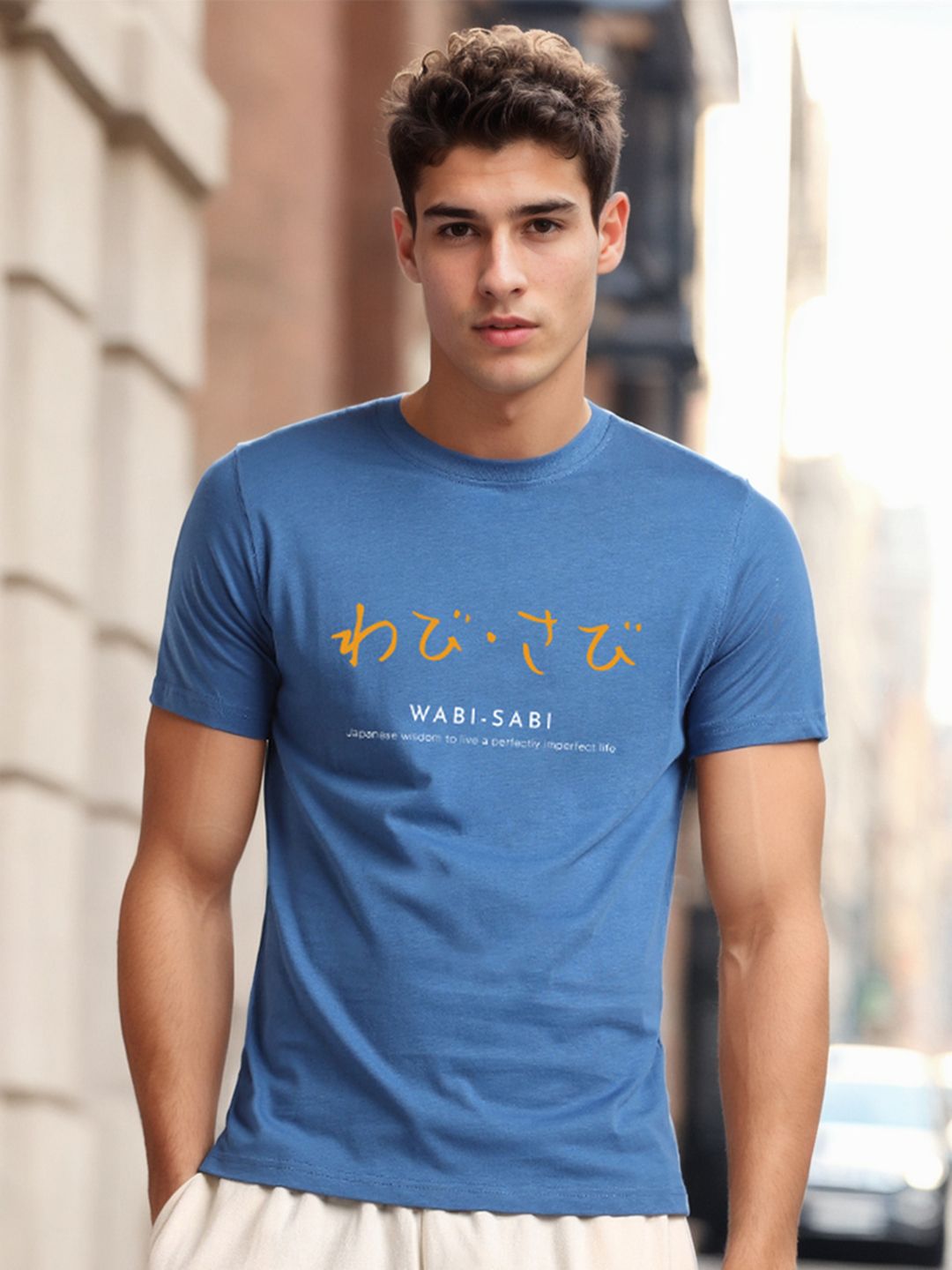 NOBERO Men Blue Wabi Sabi Typography Printed Pure Cotton T-shirt