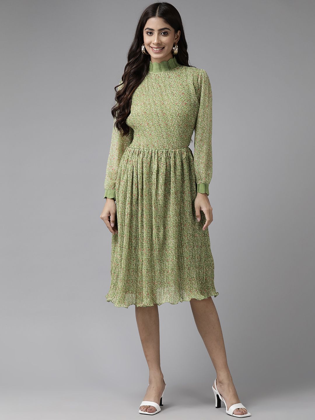 Aarika Green Floral Print Georgette Fit & Flare Dress