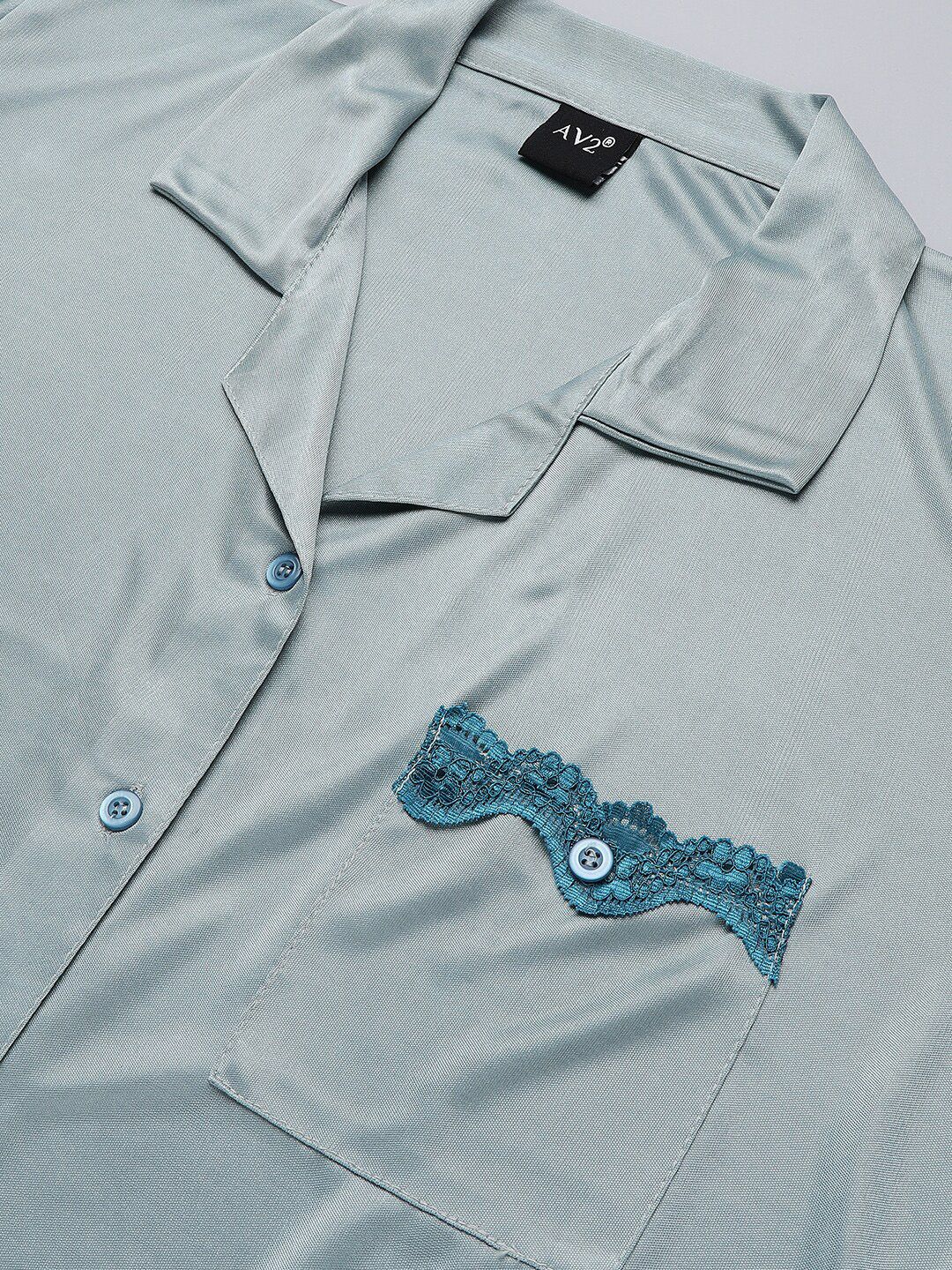 Notched Collar Lace Work Satin Night Suit 7