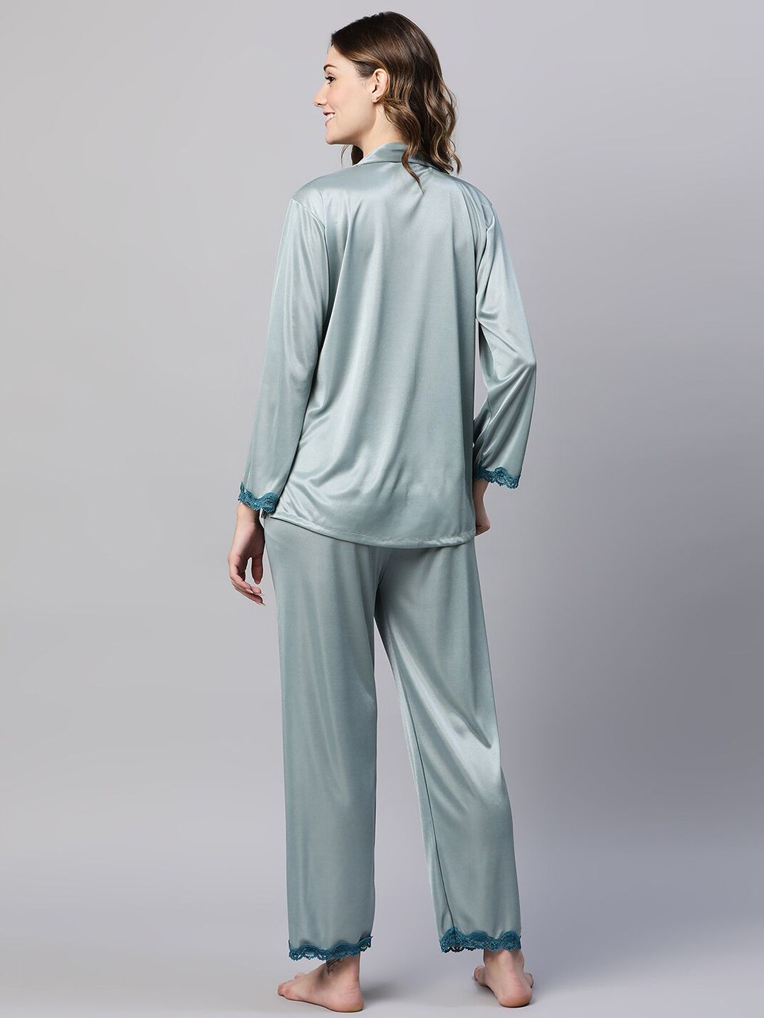 Notched Collar Lace Work Satin Night Suit 5