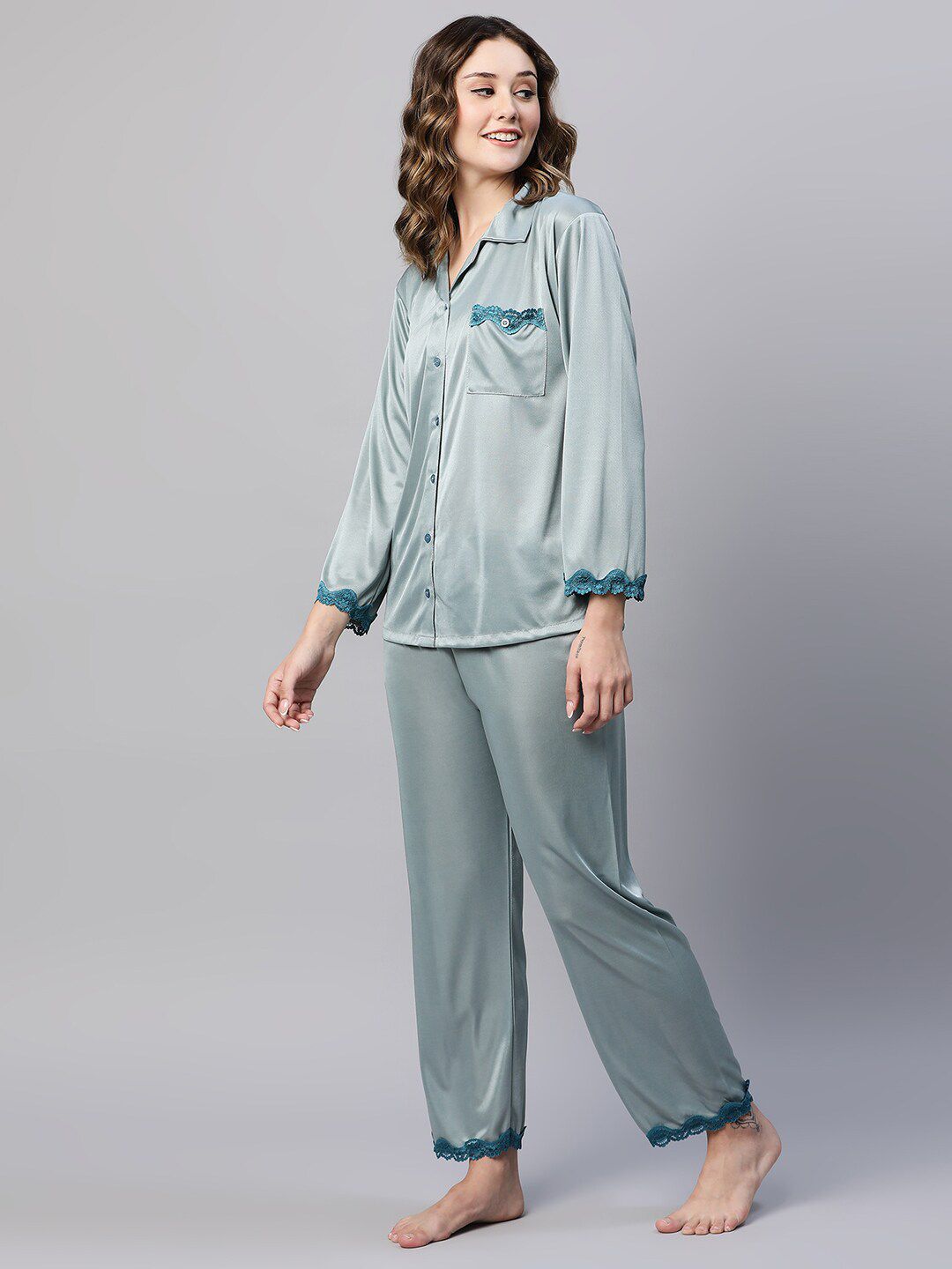 Notched Collar Lace Work Satin Night Suit 4