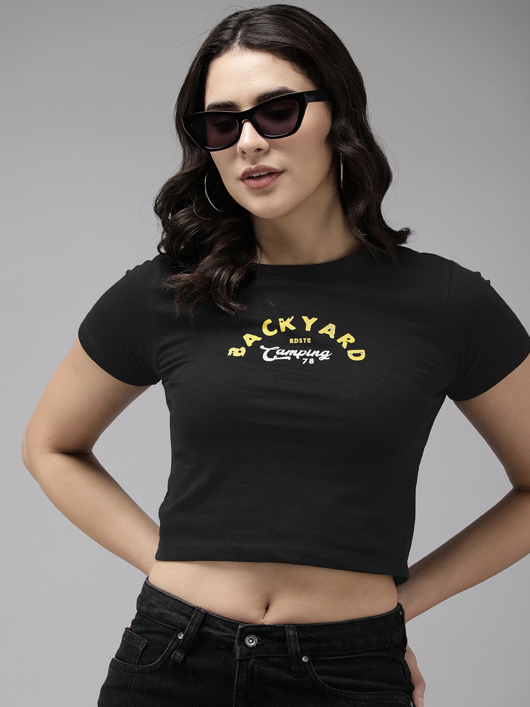 Roadster Typography Printed Bio Finish Slim Fit Crop T-shirt