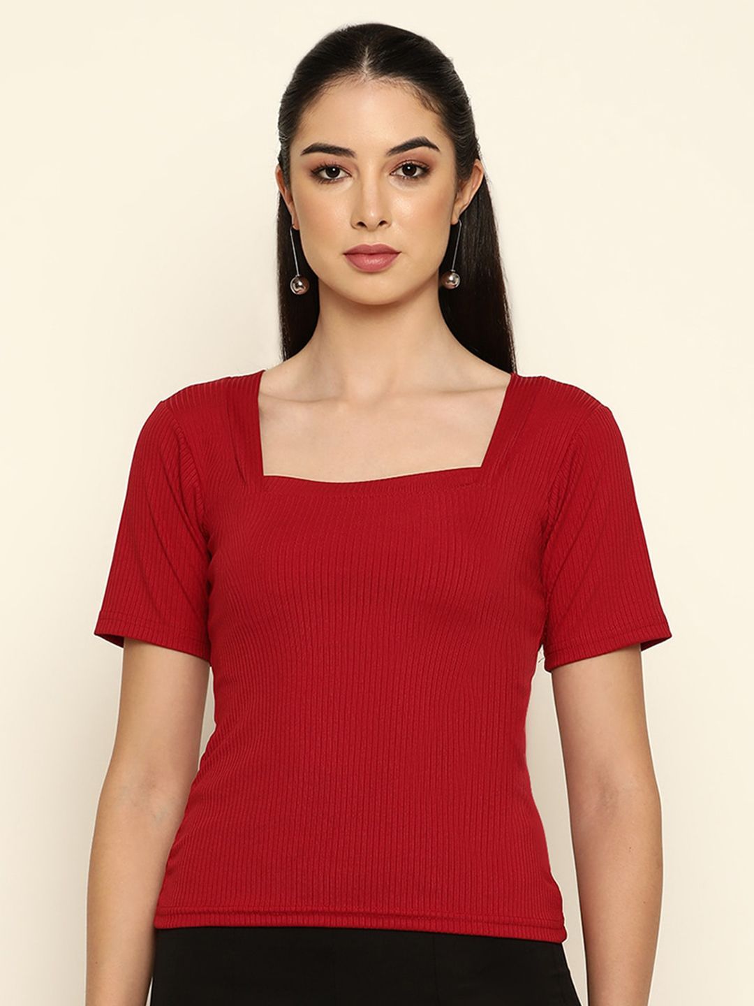 BAESD Square Neck Half Sleeve Ribbed Top