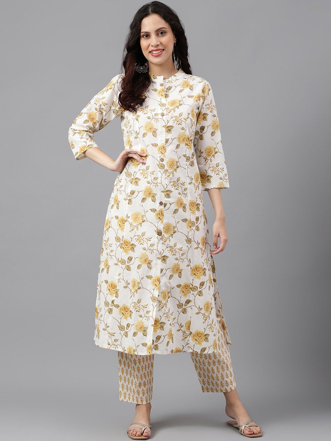 KALINI Mandarin Collar Floral Printed Panelled A-Line Pure Cotton Work Kurta