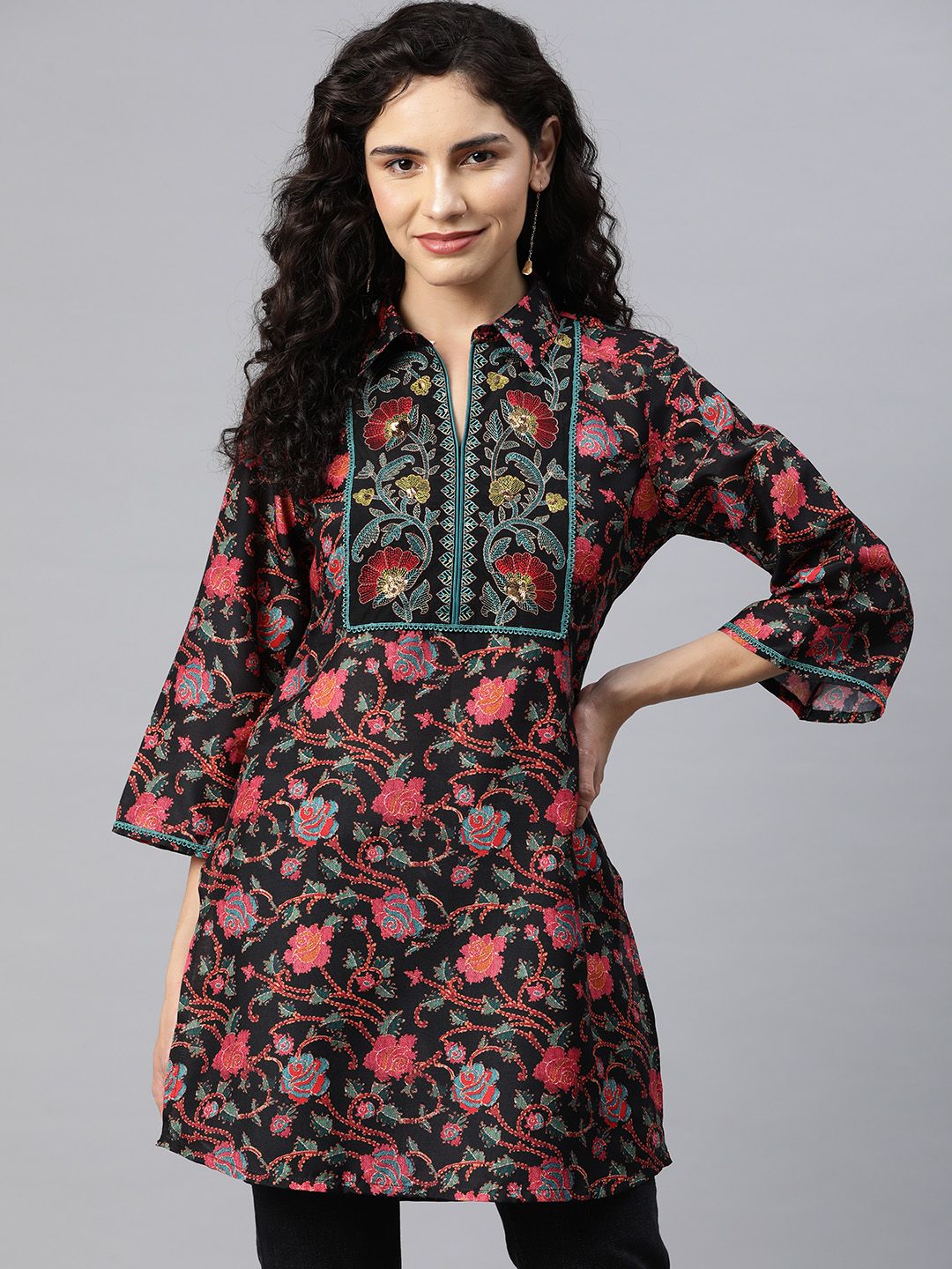 Nayam By Lakshita Black Shirt Collar Printed Rayon Tunic