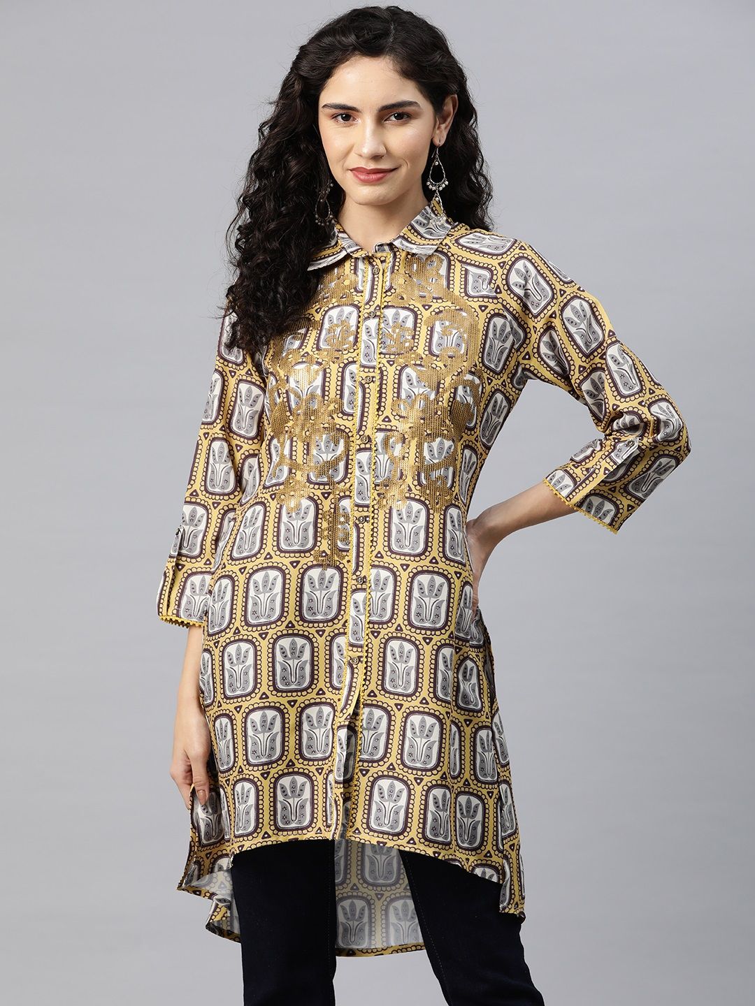 Nayam By Lakshita White Viscose Rayon Shirt Collar Printed Ethnic Tunic