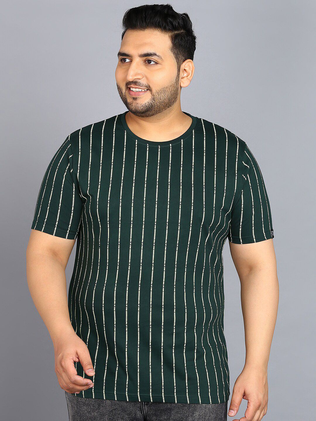 Urbano Plus Men Green Half Striped Printed Pure Cotton Round Neck Short Sleeves Regular Fit T-shirt