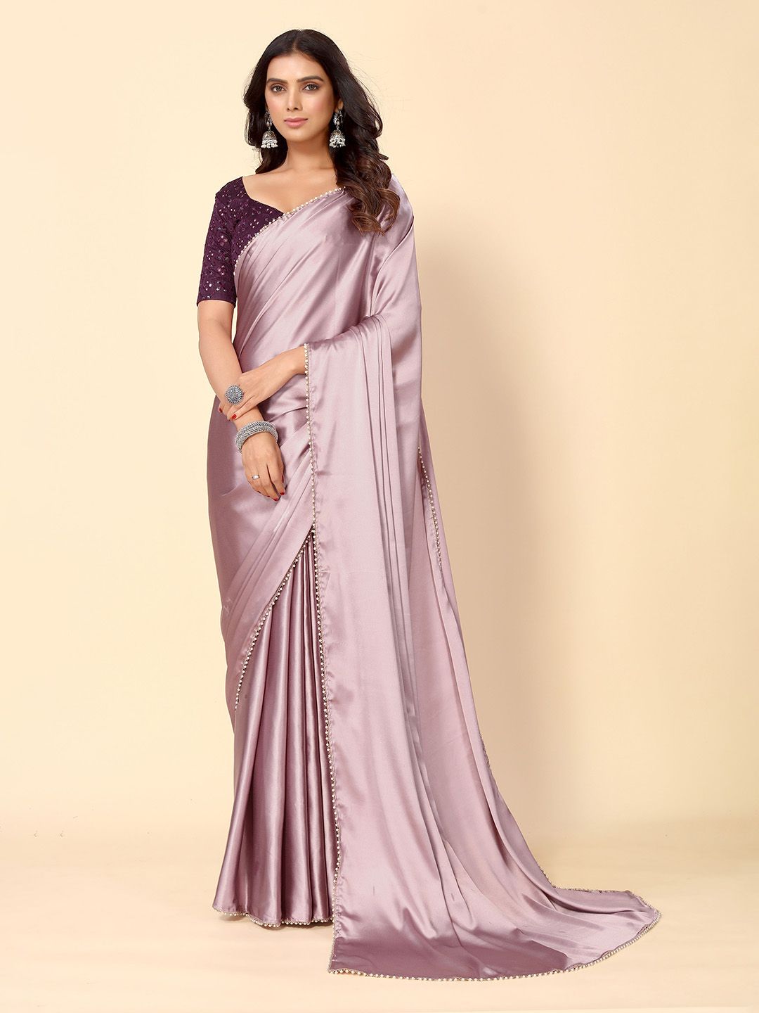 HERE&NOW Embellished Beads and Stones Satin Saree