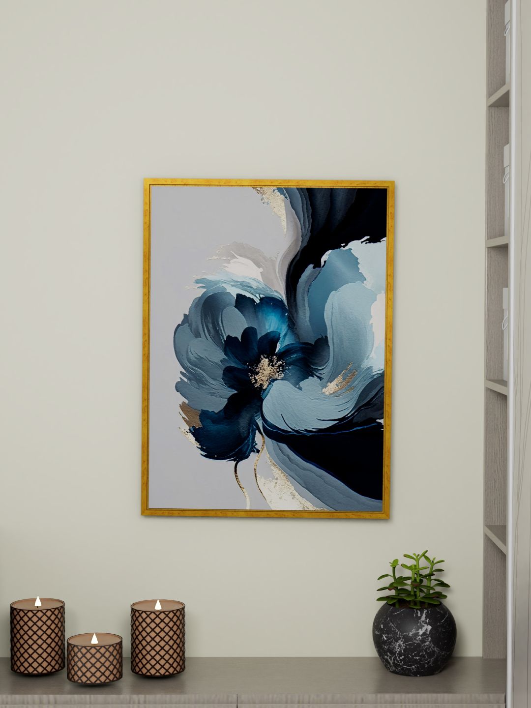 Art Street Beige & Blue Elegant Flowers Framed Painted Wall Art