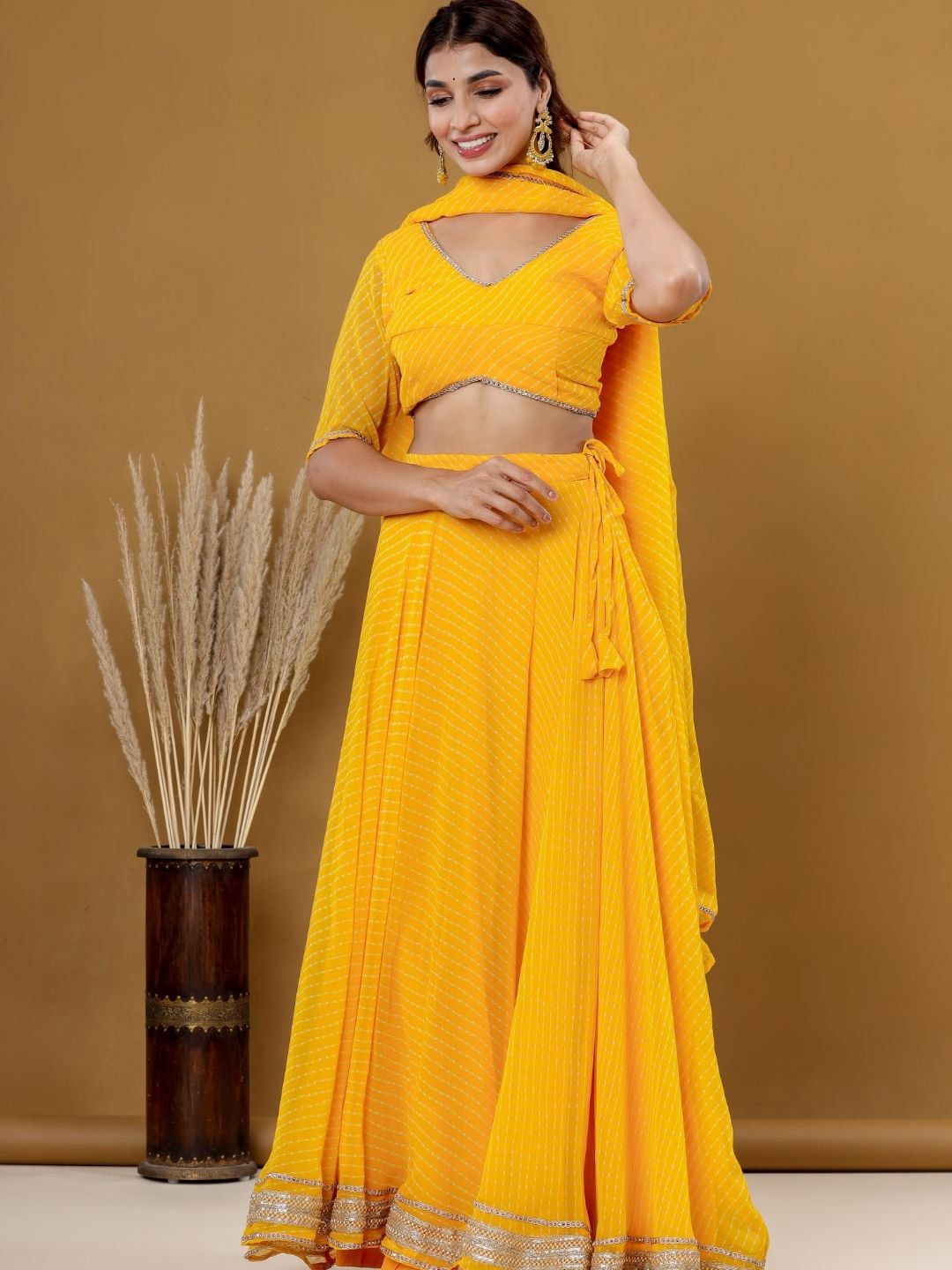 Printed Yellow Striped Ready to Wear Lehenga & Blouse With Dupatta 4