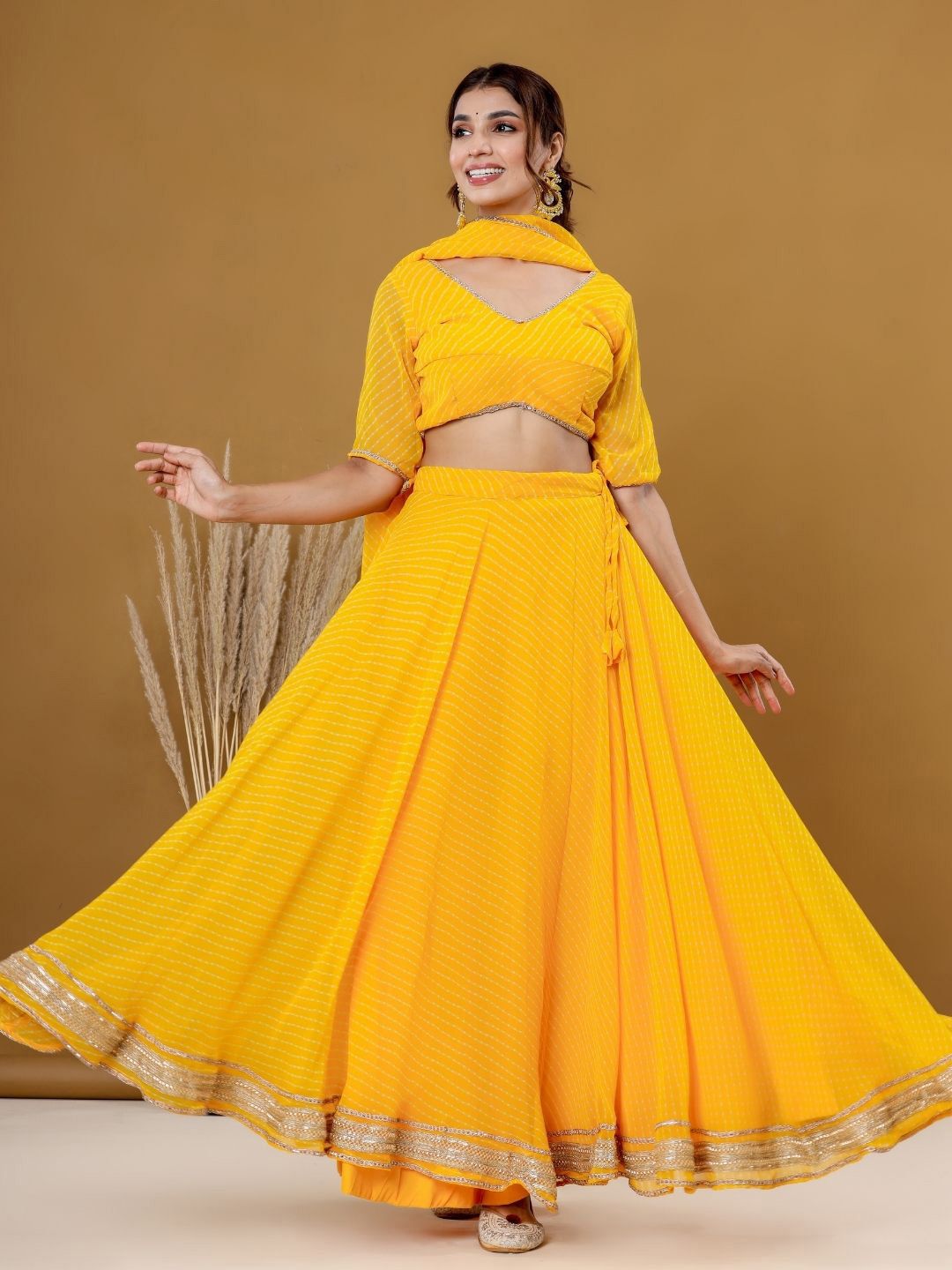 Printed Yellow Striped Ready to Wear Lehenga & Blouse With Dupatta