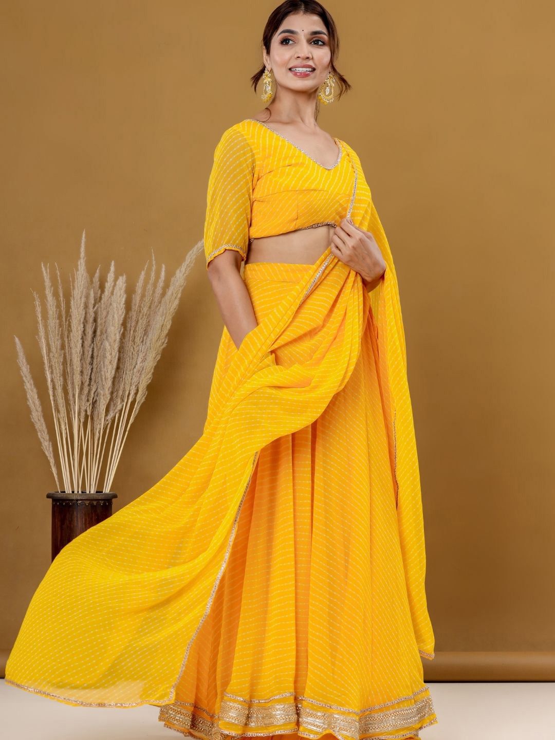 Printed Yellow Striped Ready to Wear Lehenga & Blouse With Dupatta 3