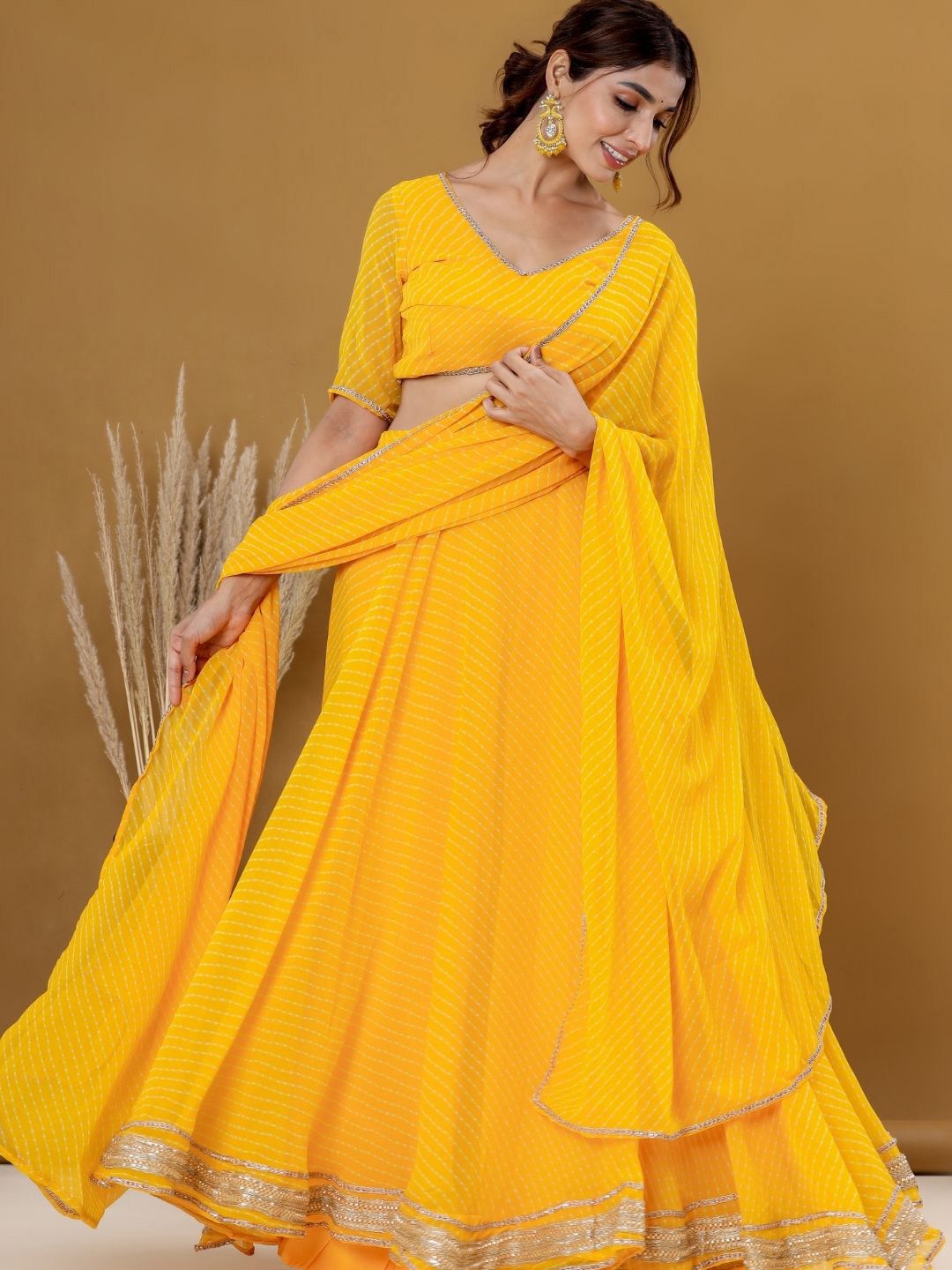Printed Yellow Striped Ready to Wear Lehenga & Blouse With Dupatta 6