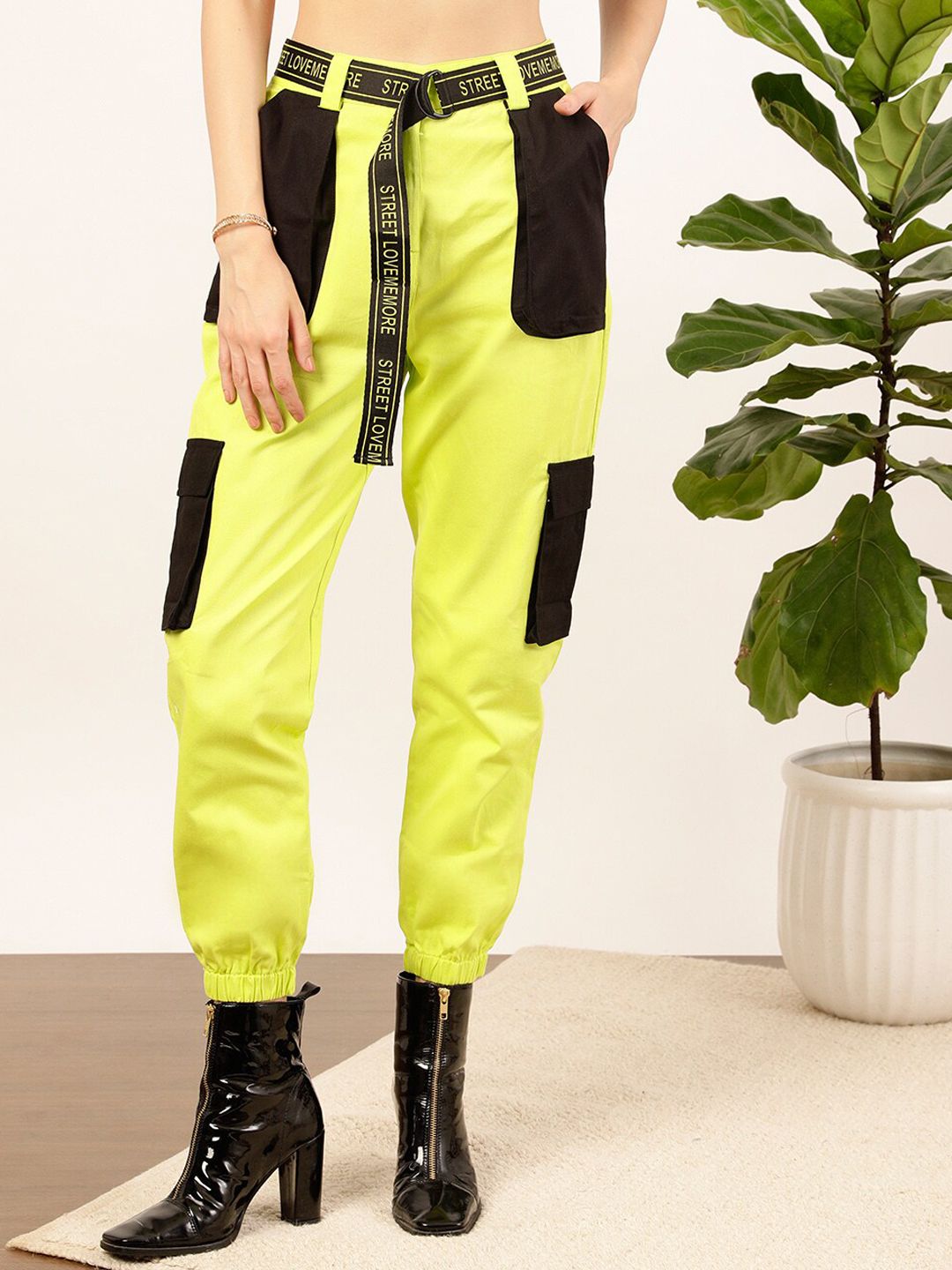 STREET 9 Women Fluorescent Green Relaxed Fit High-Rise Colourblocked  Pure Cotton Trousers