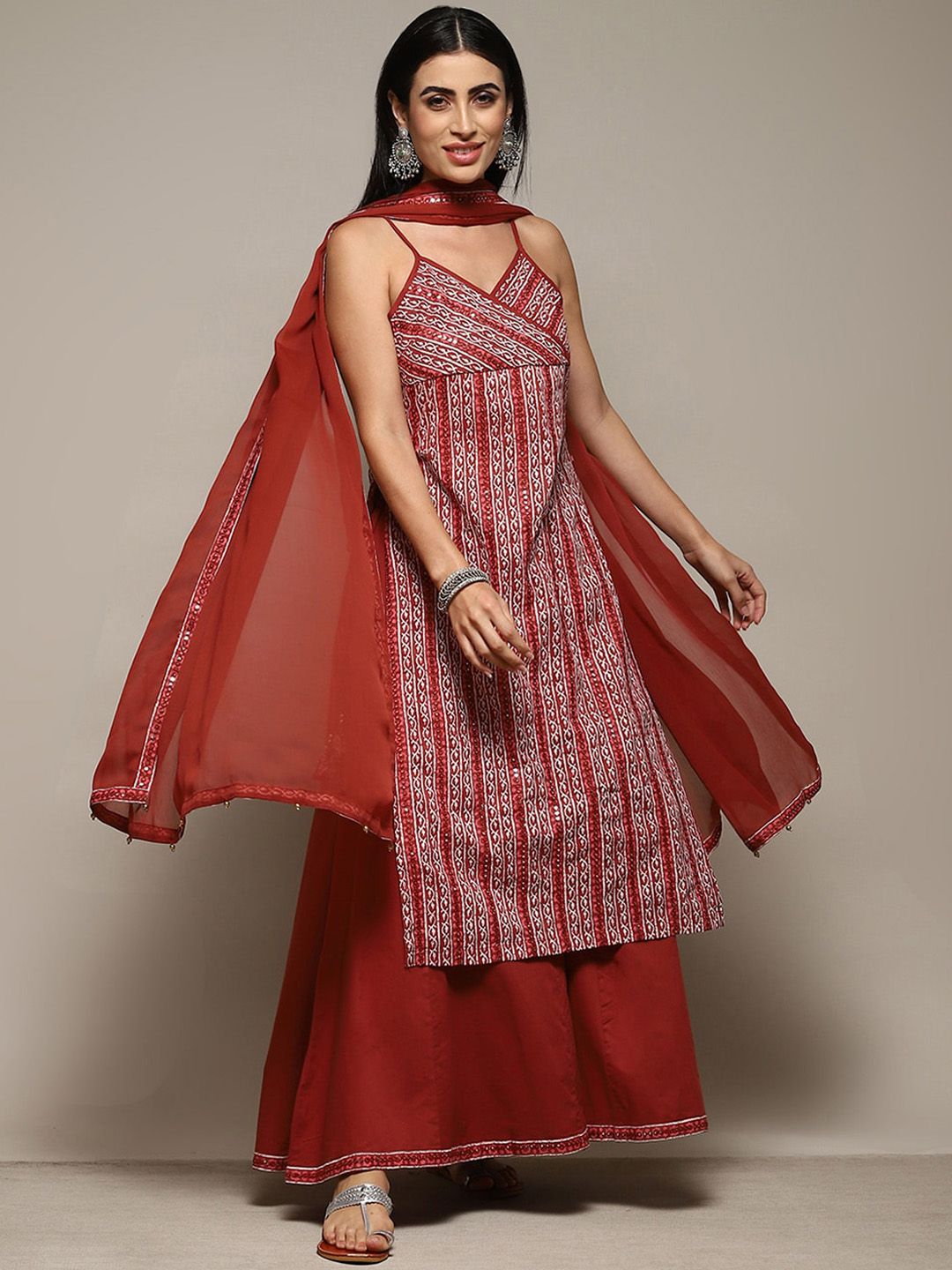 Biba Ethnic Motifs Printed Mirror Work High-Slit Straight Kurta & Palazzos with Dupatta
