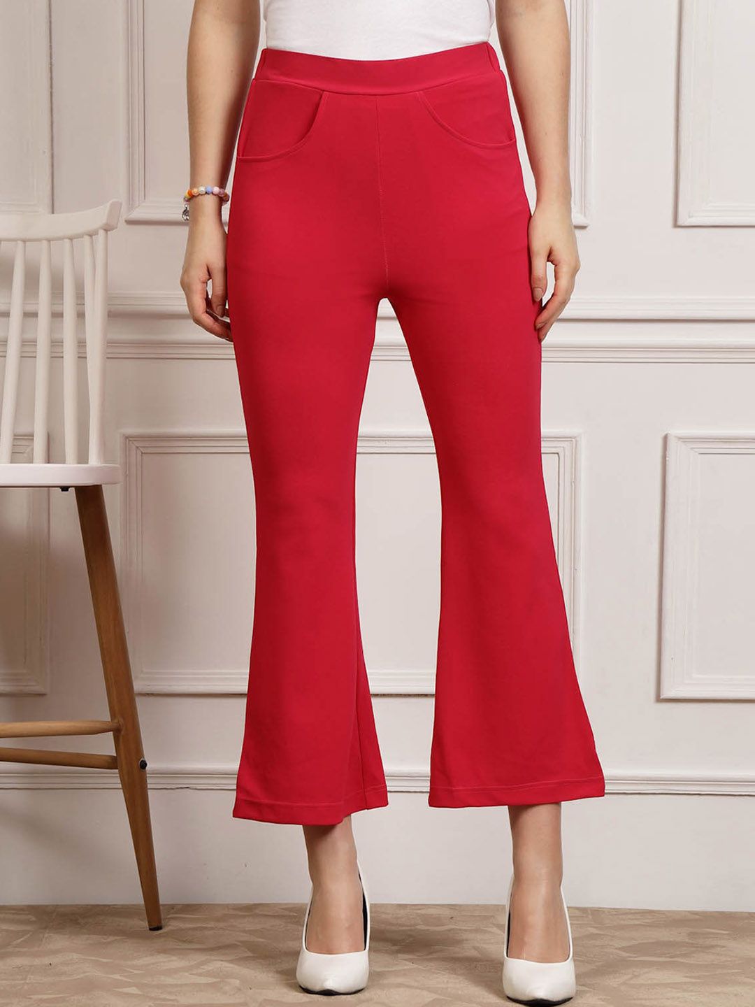 plusS WORX Women Red Mid-Rise Smart Cropped Bootcut Trousers