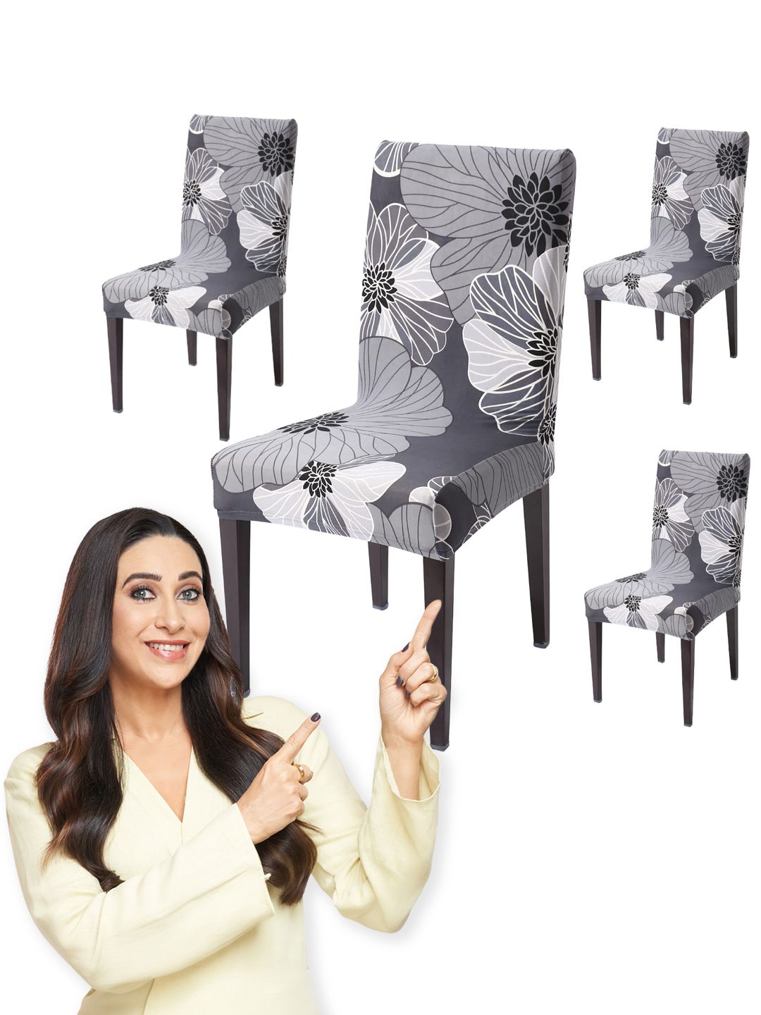 Buy HOKIPO Grey & Black 4 Pieces Floral Printed Stretchable Chair Covers -  - Home for Unisex