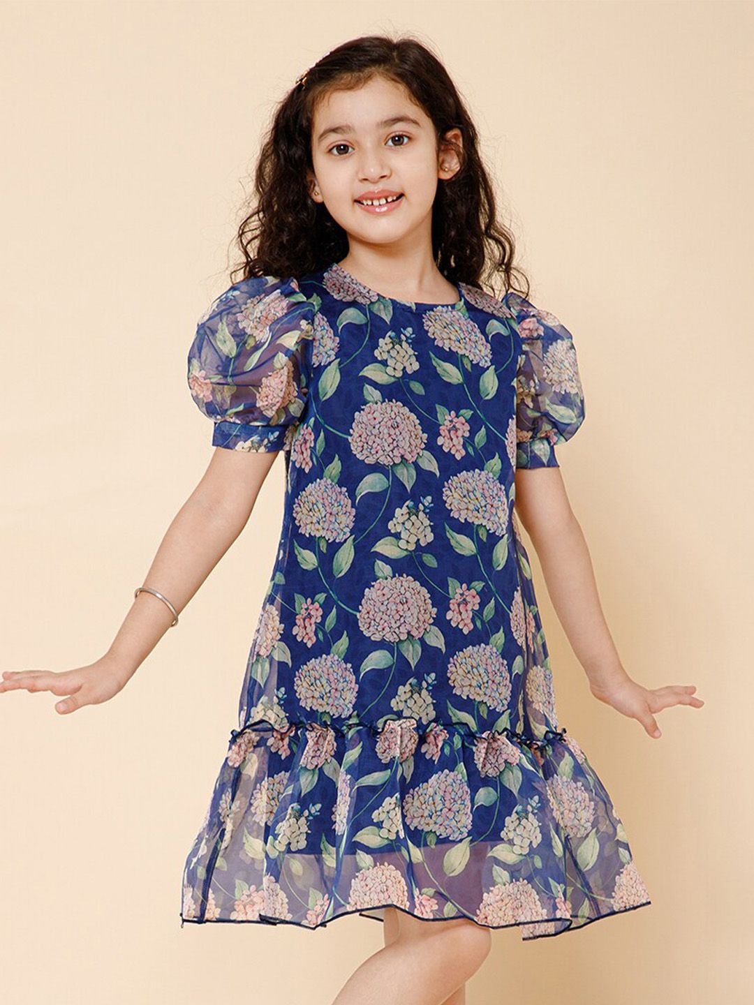 PICCOLO Girls Floral Printed Round Neck Puff Sleeve Gathered Tiered A-Line Dress