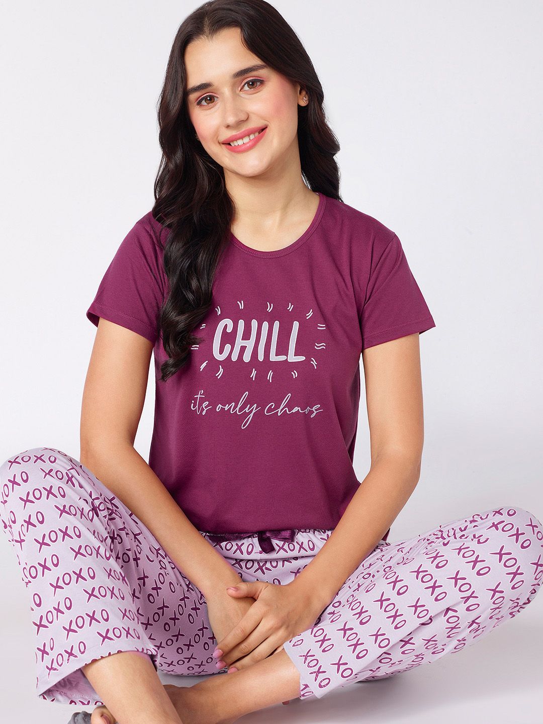 Purple & Mauve Typography Printed Night suit