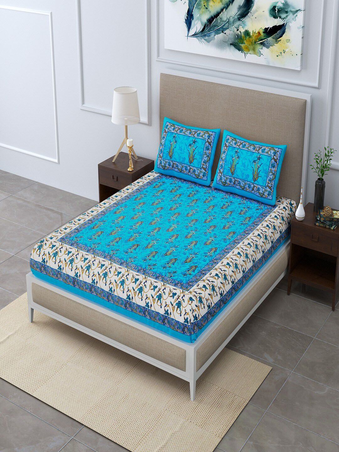 Buy UNIQCHOICE Jaipuri Turquoise Blue Ethnic Motifs Pure Cotton 120 TC Queen Bedsheet With 2 Pillow Covers 108 X 90 Inches -  - Home for Unisex
