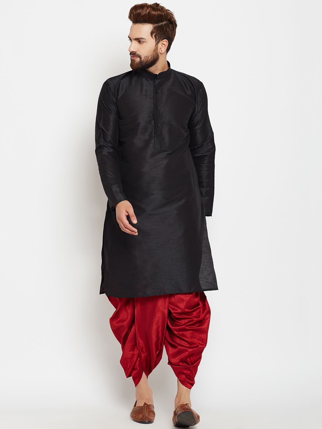 SOJANYA Men Black & Maroon Solid Kurta with Dhoti Pants
