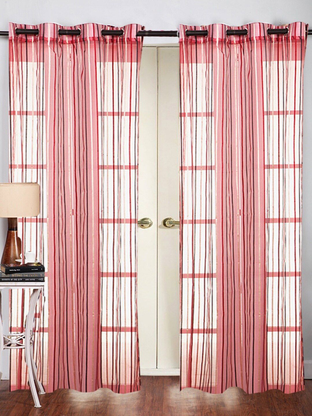 Homefab India Maroon & White 2 Pieces Striped Sheer Door Curtains
