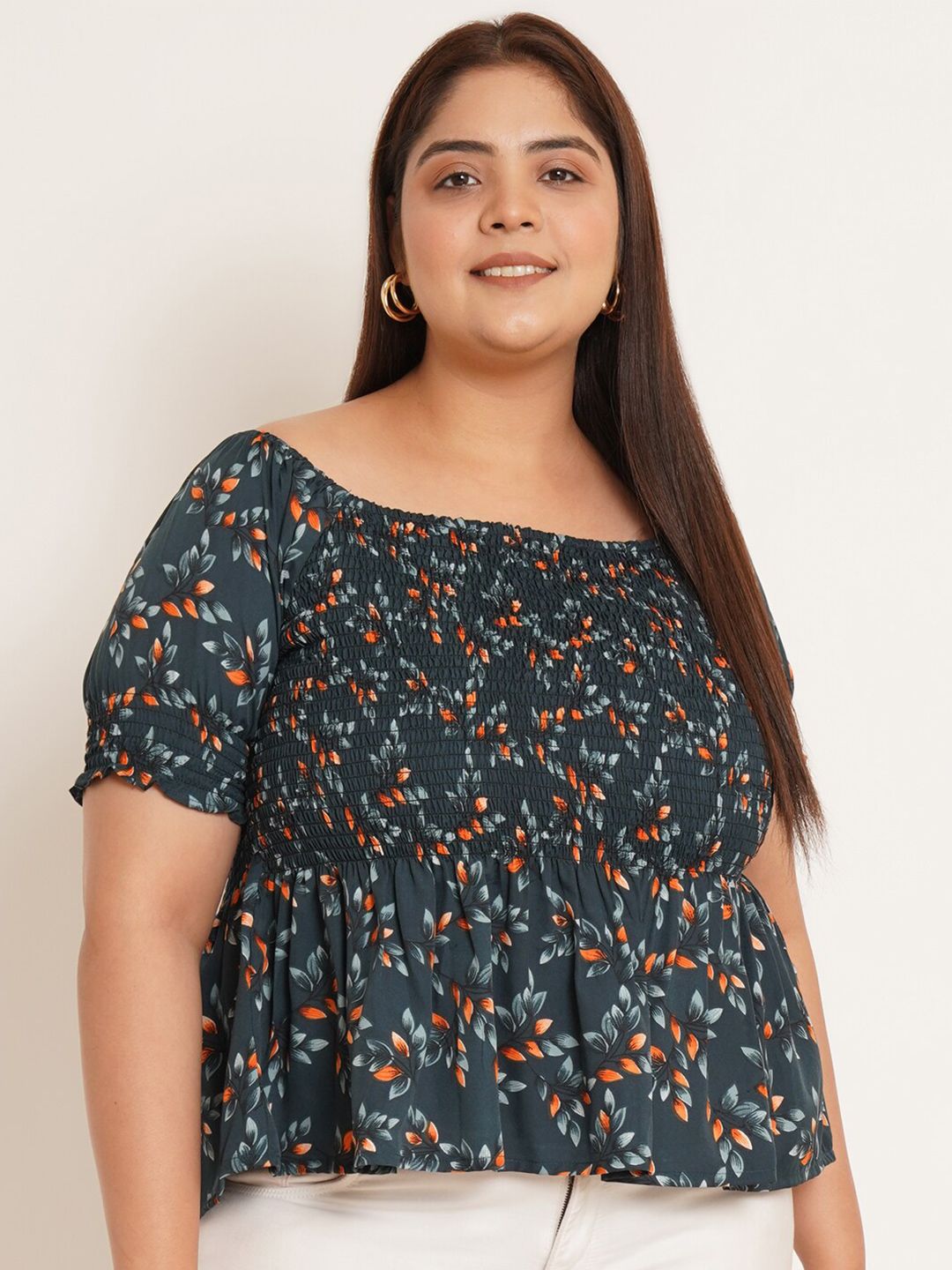 U&F Beyond Floral Printed Puff Sleeves Boat Neck Gathered Peplum Top