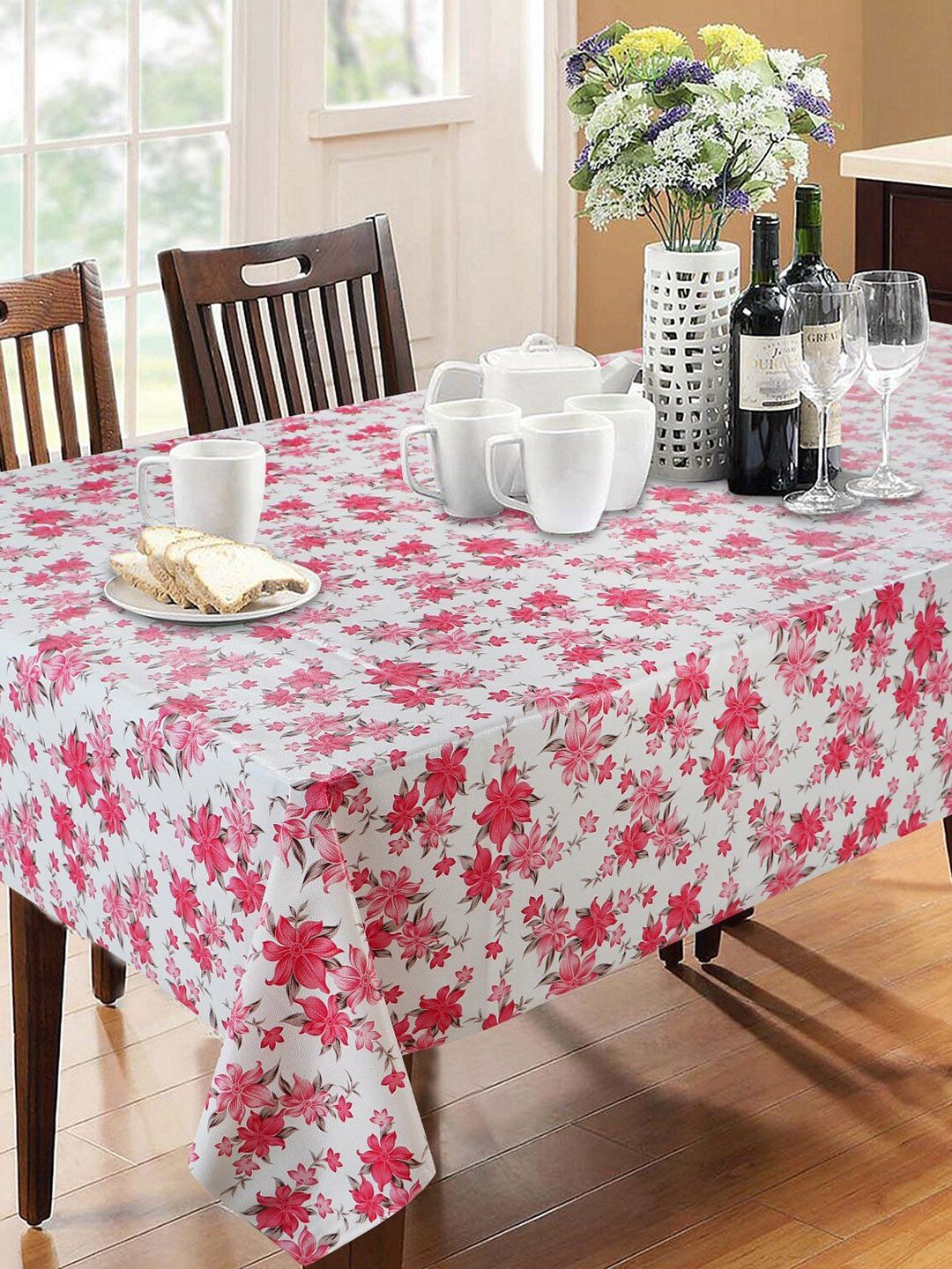 Dakshya Industries White & Pink Printed 6-Seater Table Cover