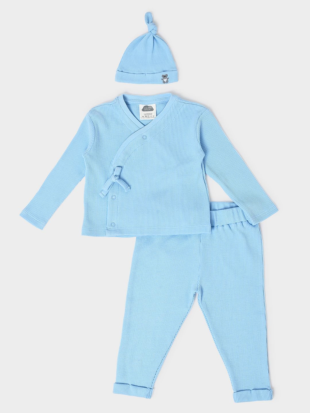 MiArcus Kids Blue Self Design V-Neck Long Sleeve Cotton Clothing Set With Cap