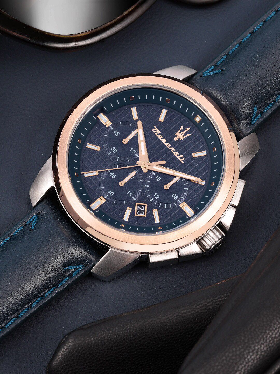 Buy Maserati Men Successo Analog Blue Dial Rose Gold Steel Case Leather Strap WatchR8871621015 -  - Accessories for Men