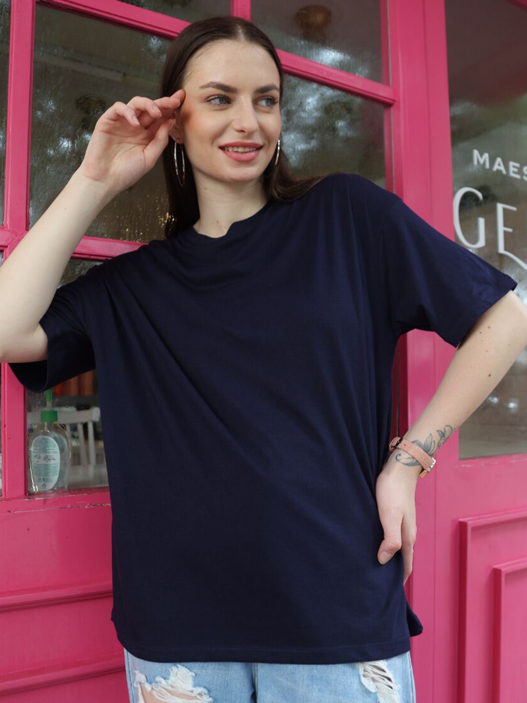 TITTLI Round Neck Short Sleeves Pure Cotton Oversized T-shirt