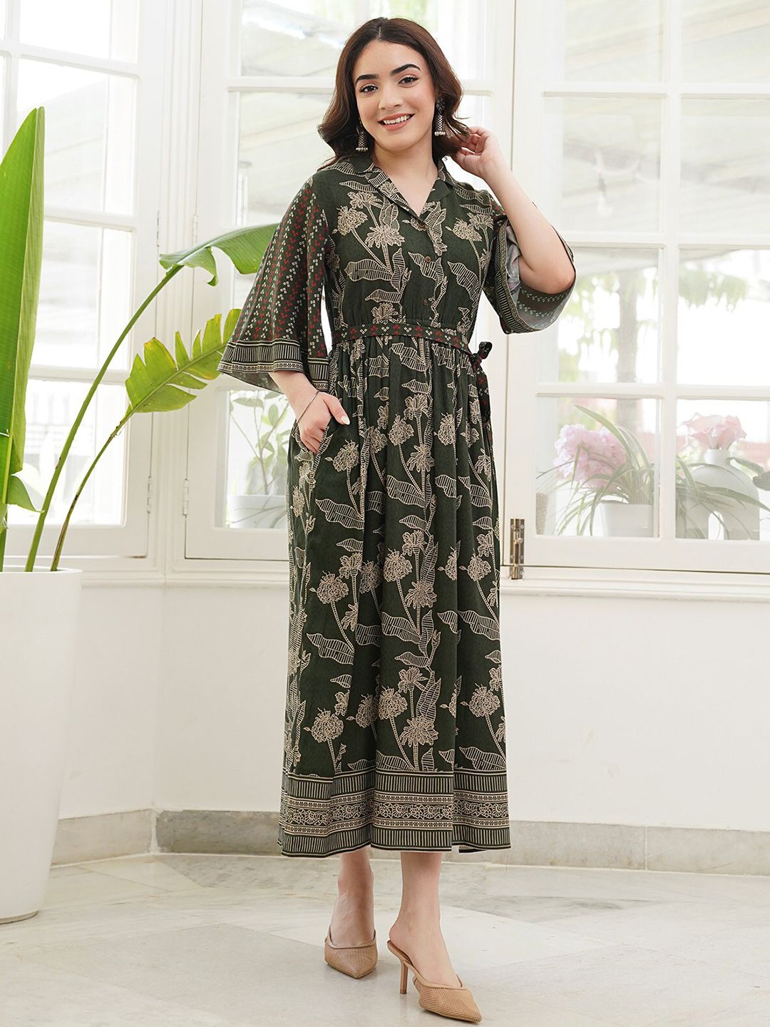 Buy Rustorange Floral Printed Shirt Collar Gathered A Line Midi Ethnic Dress With Belt -  - Apparel for Women
