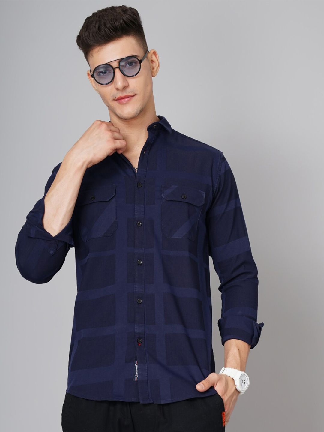 PAUL STREET Standard Slim Fit Windowpane Checked Spread Collar Casual Shirt