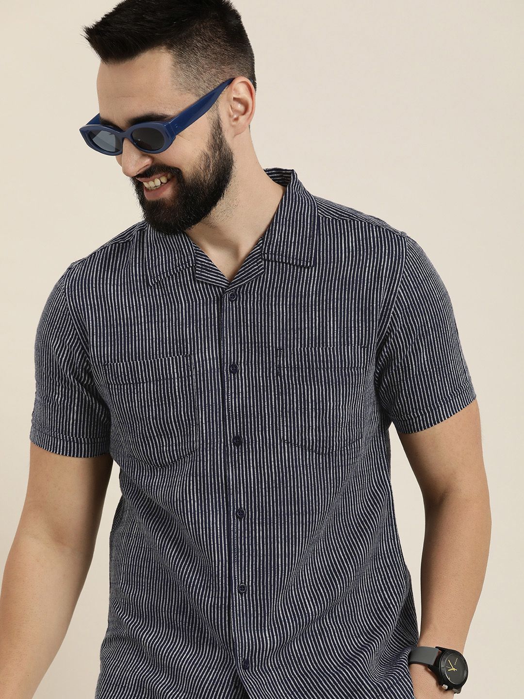 HERE&NOW Men Slim Fit Pinstripes Opaque Casual Shirt
