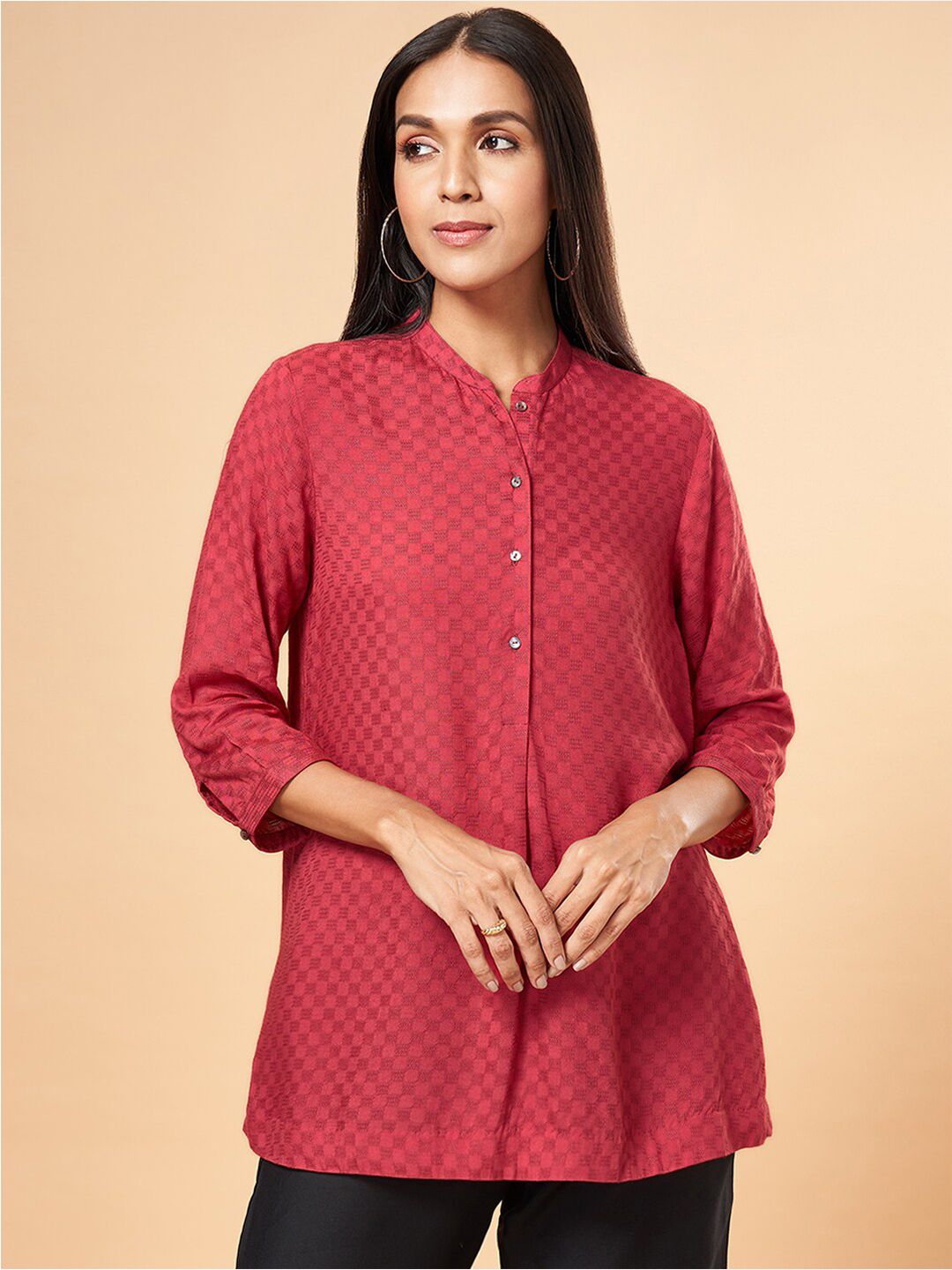 Marigold Lane Self Design Band Collar Shirt Style Top