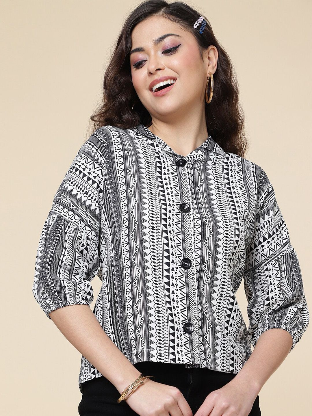 CLEMIRA Tribal Printed Puff Sleeve Shirt Style Top