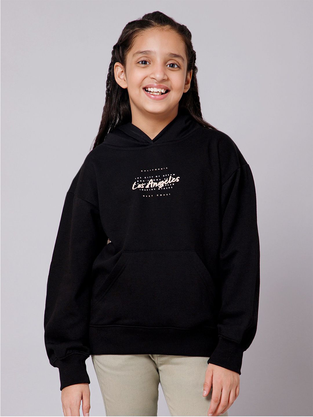 Alan Jones Girls Typography Printed Hooded Drop Shoulder Oversized Pullover