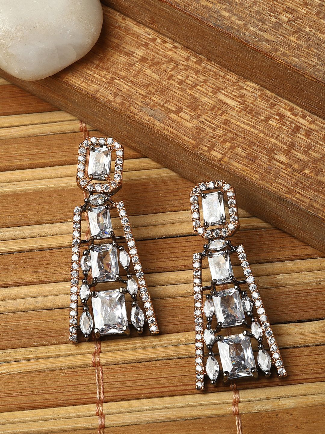 Rose Gold Gunmetal Toned Sea American Diamond Studded Drop Earrings