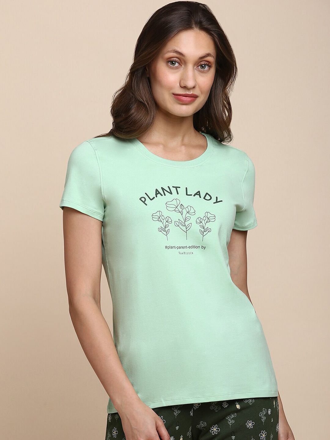 Buy Van Heusen Women Cotton Graphic Print Round Neck Lounge T Shirt Breathable Fabric -  - Apparel for Women