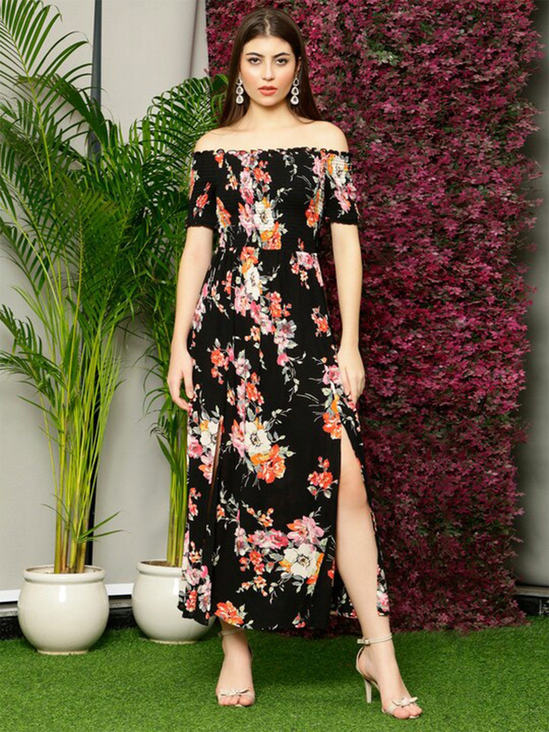 DEBONATELLA Floral Printed Off-Shoulder Puff Sleeve Smocked Cotton A-Line Dress