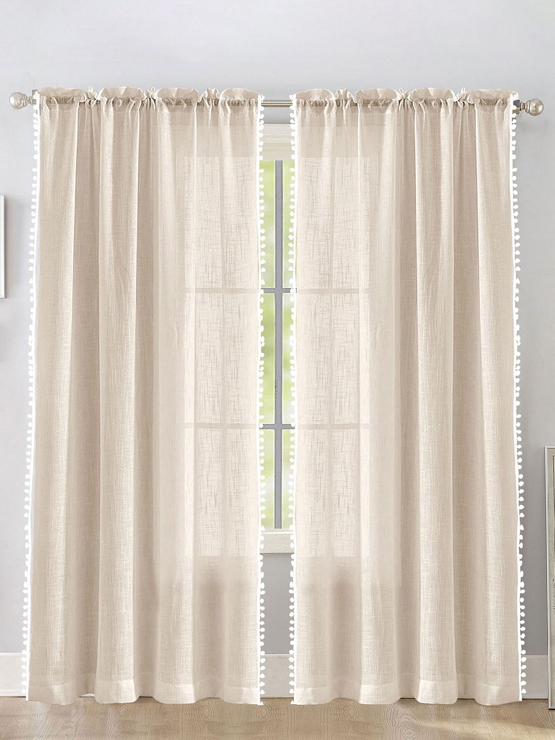 HOMEMONDE 2 Pcs Beige & White Border Rod Pocket Sheer Cotton Long Door Curtain