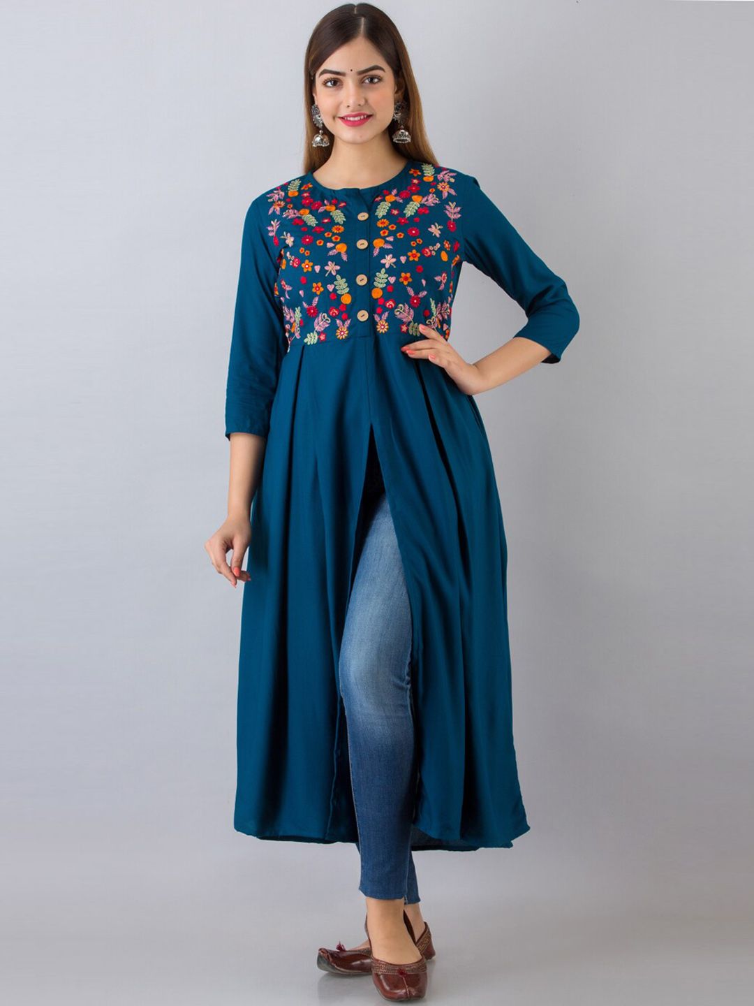 NISHABD Floral Yoke Design Thread Work A-Line Kurta