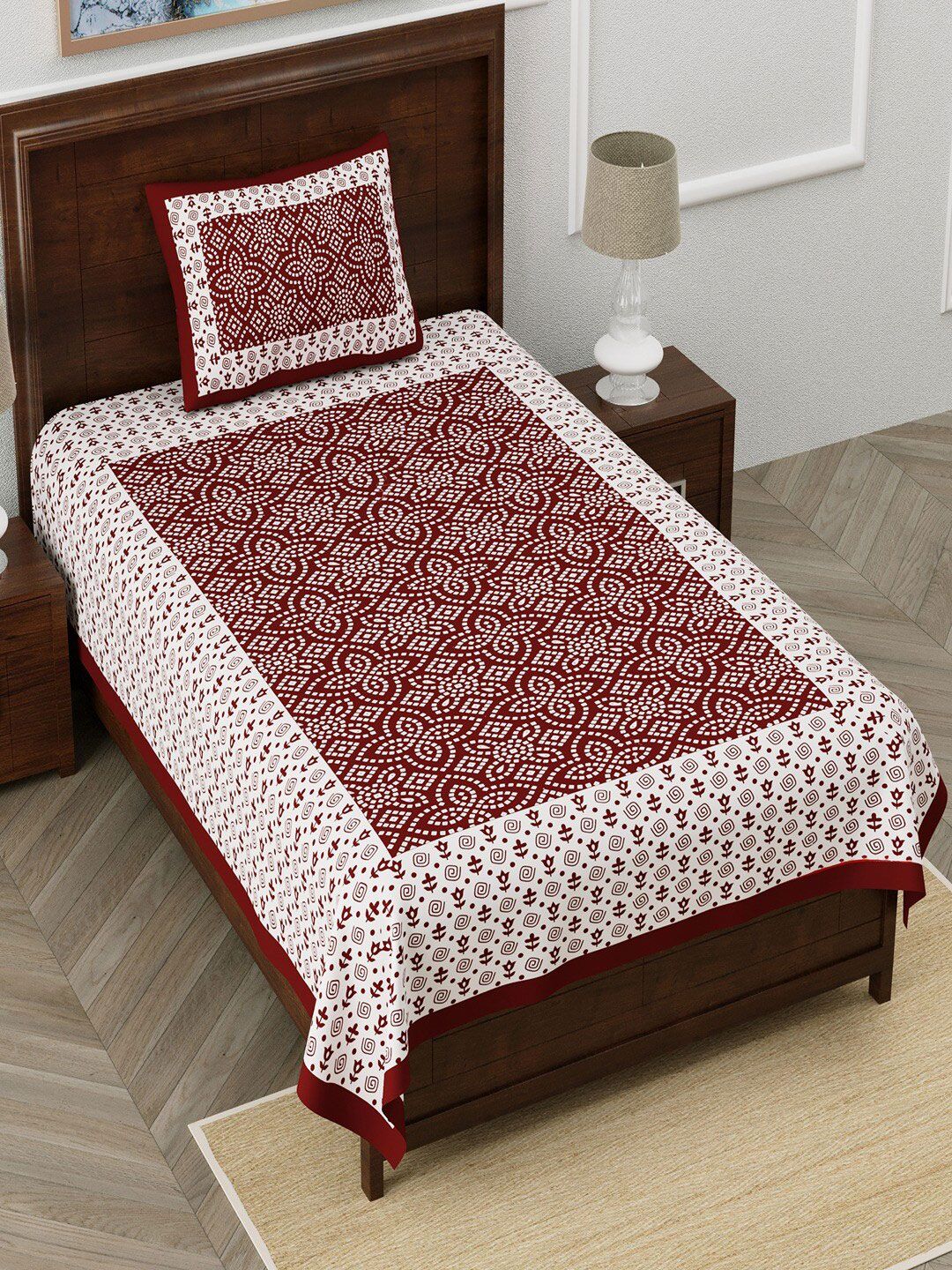 UNIQCHOICE Maroon Ethnic Motifs Pure Cotton 120 TC Single Bedsheet with a Pillow Cover-225 x 145 cm