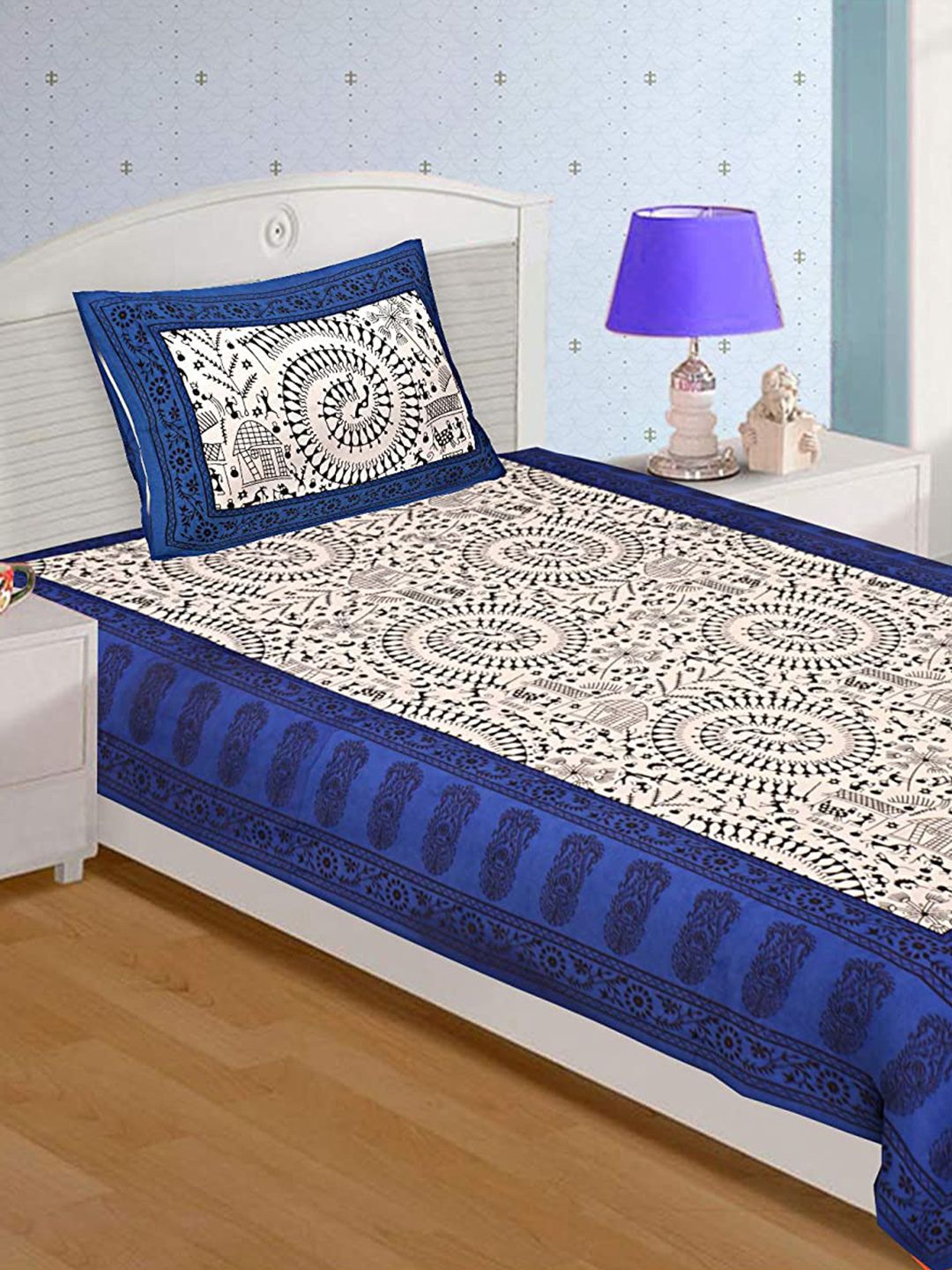 UNIQCHOICE Blue Ethnic Motifs Pure Cotton 120 TC Single Bedsheet with a Pillow Cover-225 x 145 cm