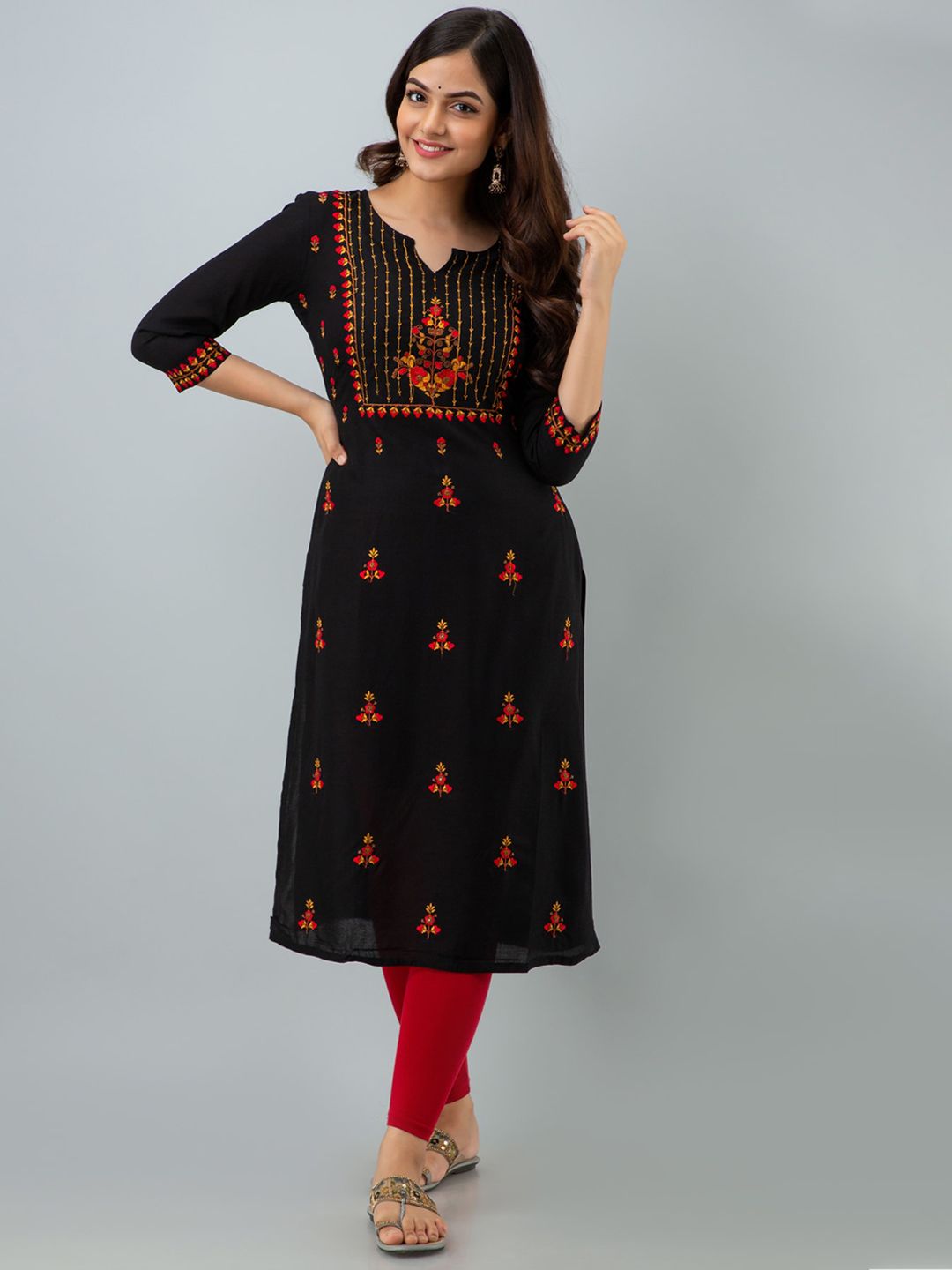 NISHABD Floral Embroidered Notched Neck Straight Kurta