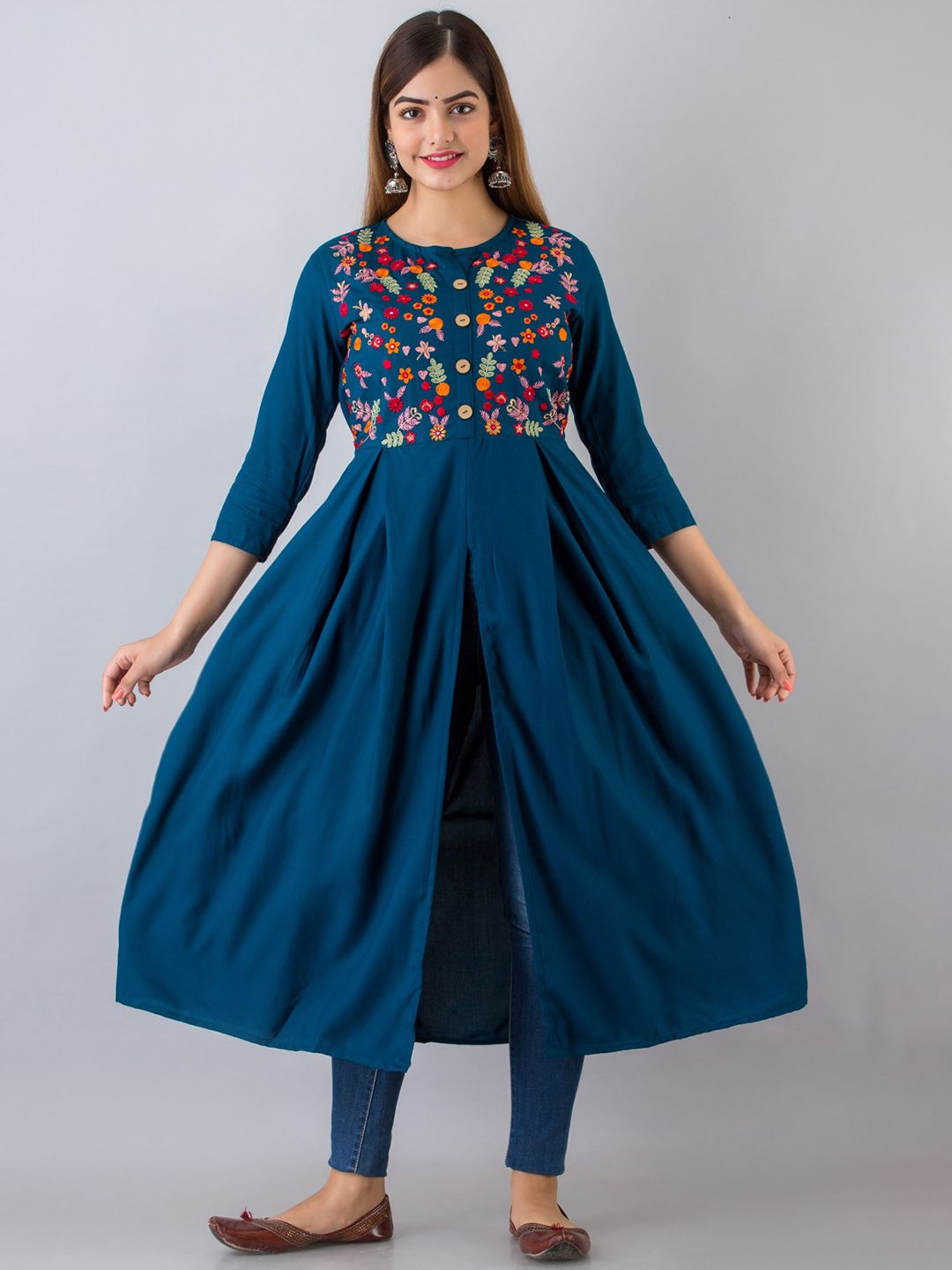 NISHABD Floral Embroidered Front Slit A-Line Kurta