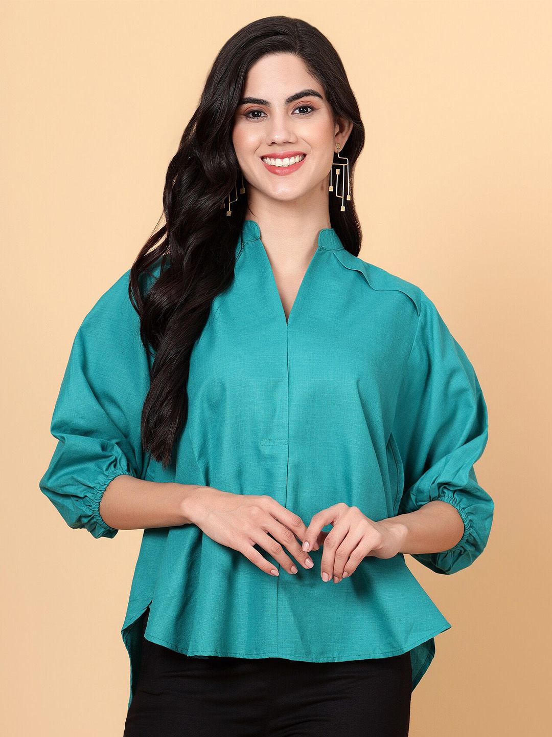 Bani Women Green Mandarin Collar Puff Sleeves Top